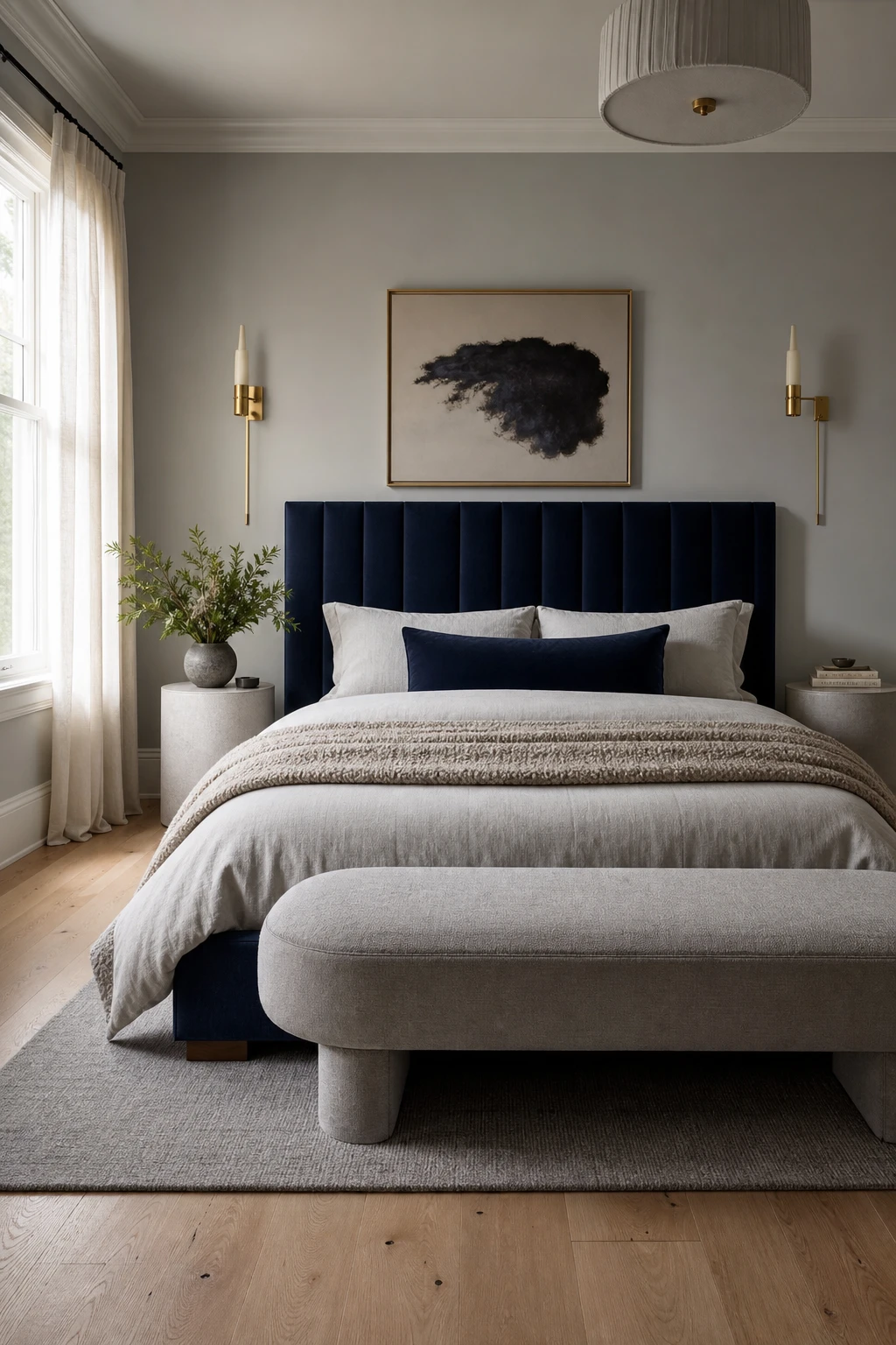 Dark blue and light gray bedroom with navy upholstered headboard, pale gray walls, linen bedding, natural oak floors and sheer curtains in soft morning light