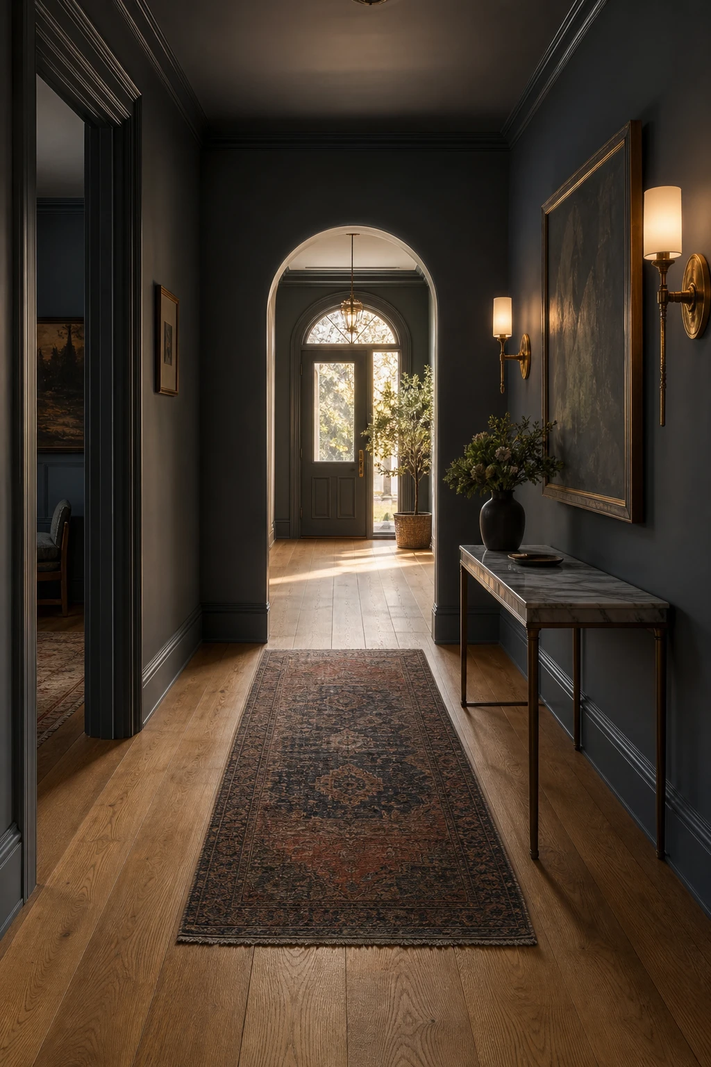 Dark blue hallway with warm wood floors, Farrow and Ball Hopper Head painted walls, console table, wall sconces and arched doorway leading deeper into the home