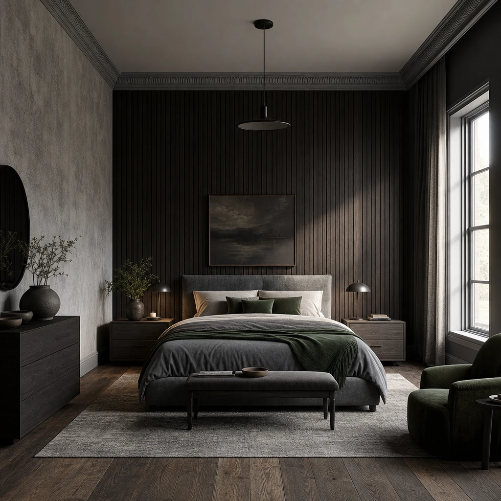 Dark gray bedroom with charcoal walls, black wood panelling, raw concrete texture, a large gray upholstered bed with cream and green bedding, and cool morning light entering from a tall side window.