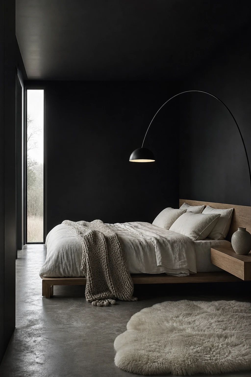 Dark gray bedroom in Scandi Noir style with Farrow and Ball Beetle Black walls, low platform bed, natural linen, and a single arc floor lamp casting warm light