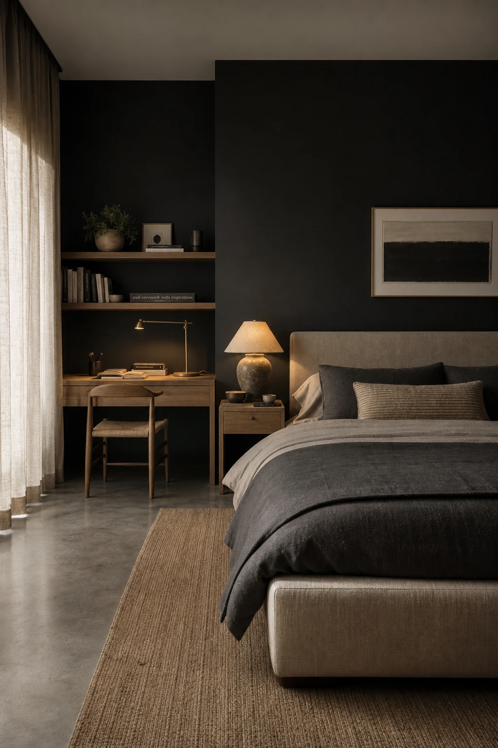 Dark gray bedroom with a built in desk zone, moody Beetle Black walls, warm task lighting, linen bedding, and timber shelving in a sophisticated dual purpose layout