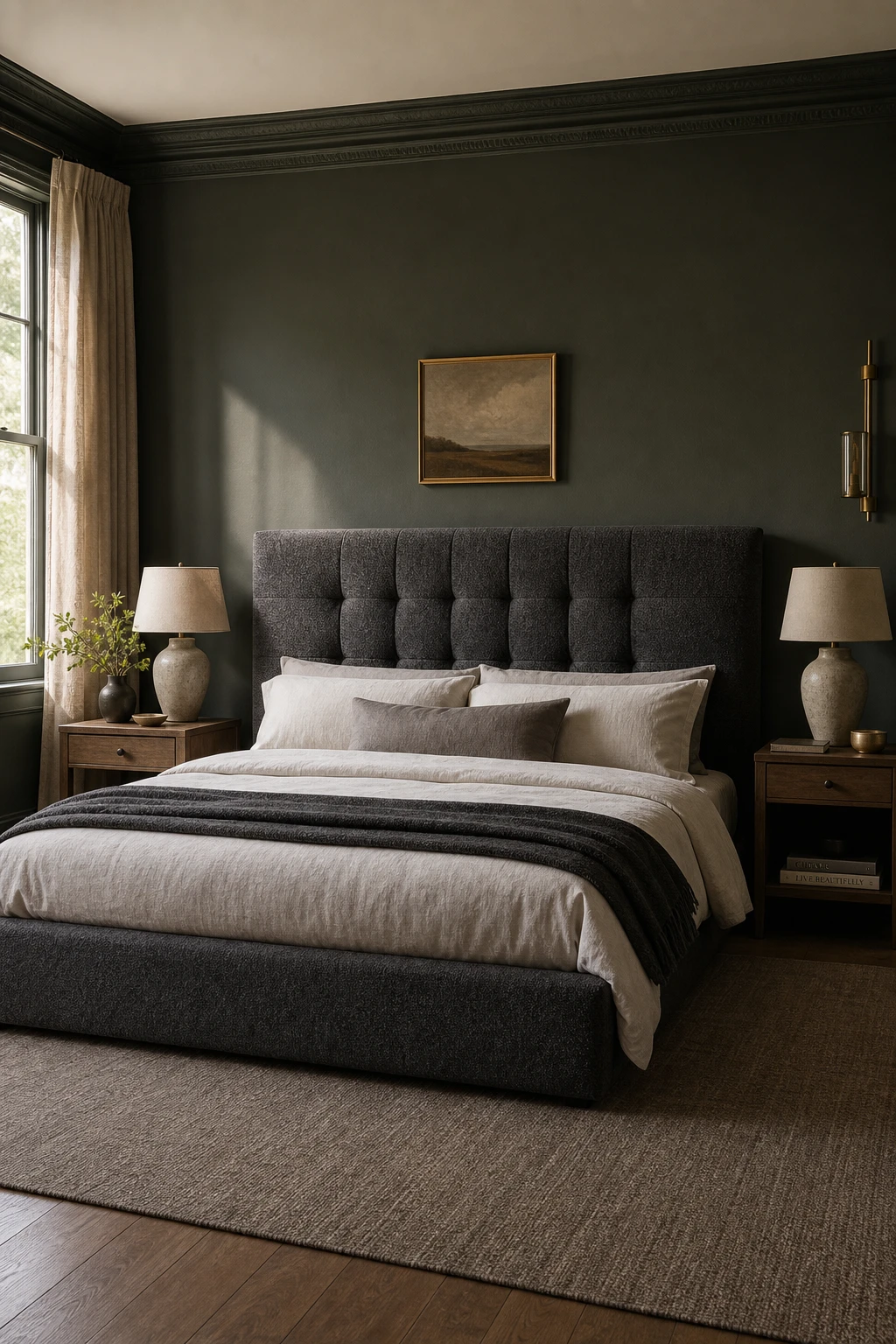 Dark gray bedroom with a large upholstered bed as the focal point, Farrow and Ball Reduced Green painted walls, soft natural morning light