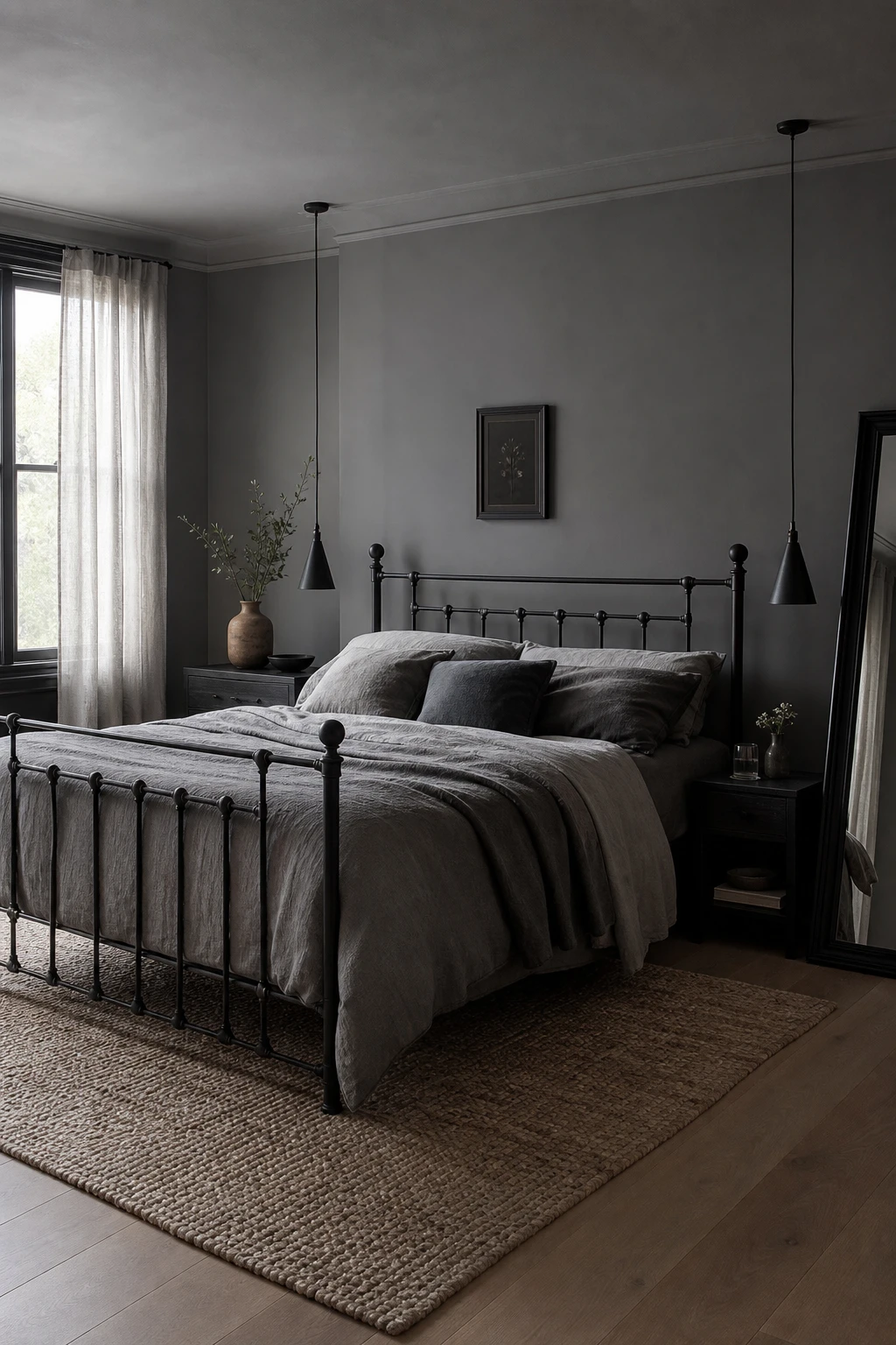 Dark gray bedroom with black accents including iron bed frame, pendant lights, and window trim against Farrow and Ball Pigeon painted walls