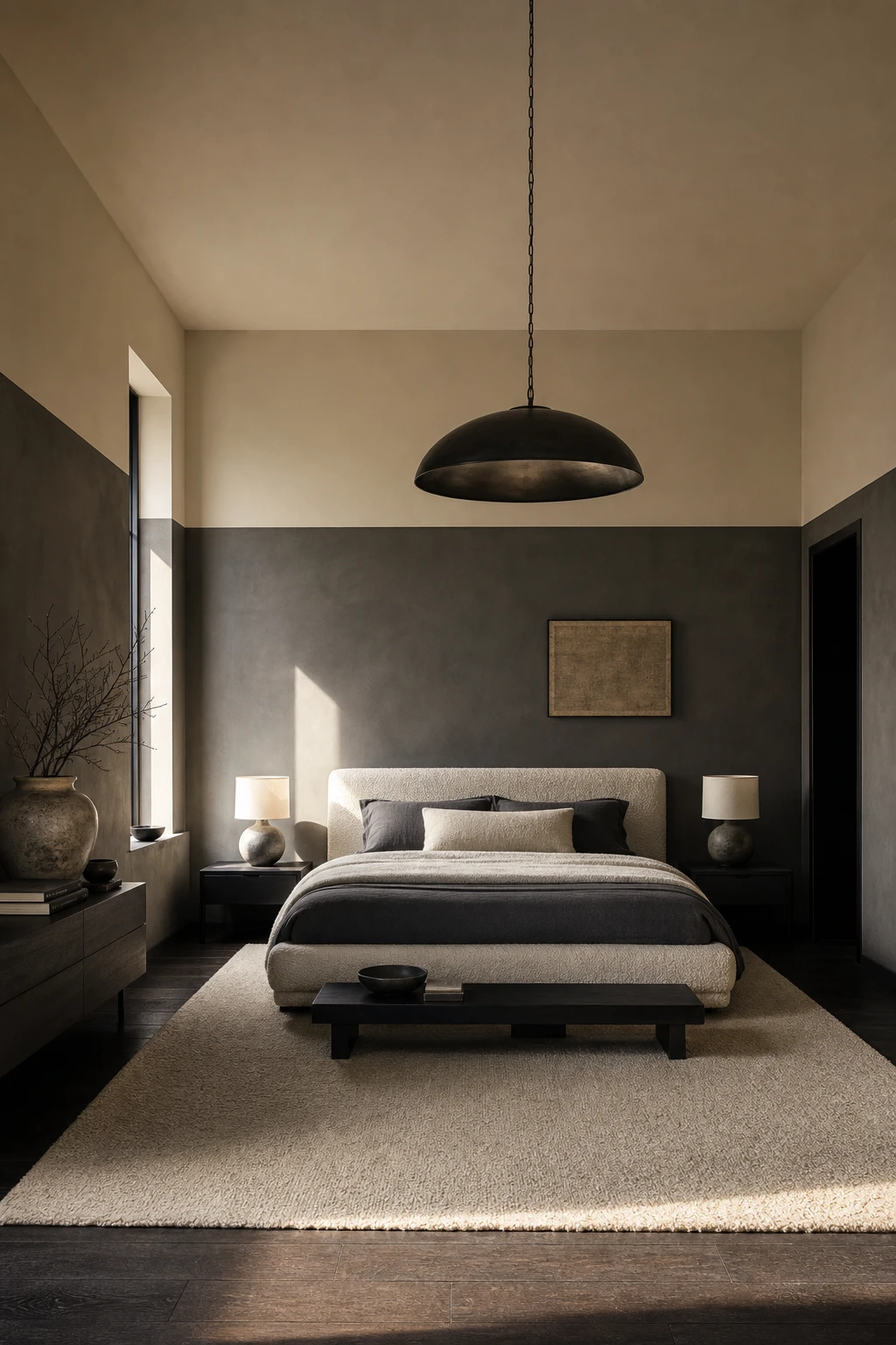 Dark gray bedroom with black and cream accents, Farrow and Ball Pointing walls, layered textiles, and natural morning light from tall windows