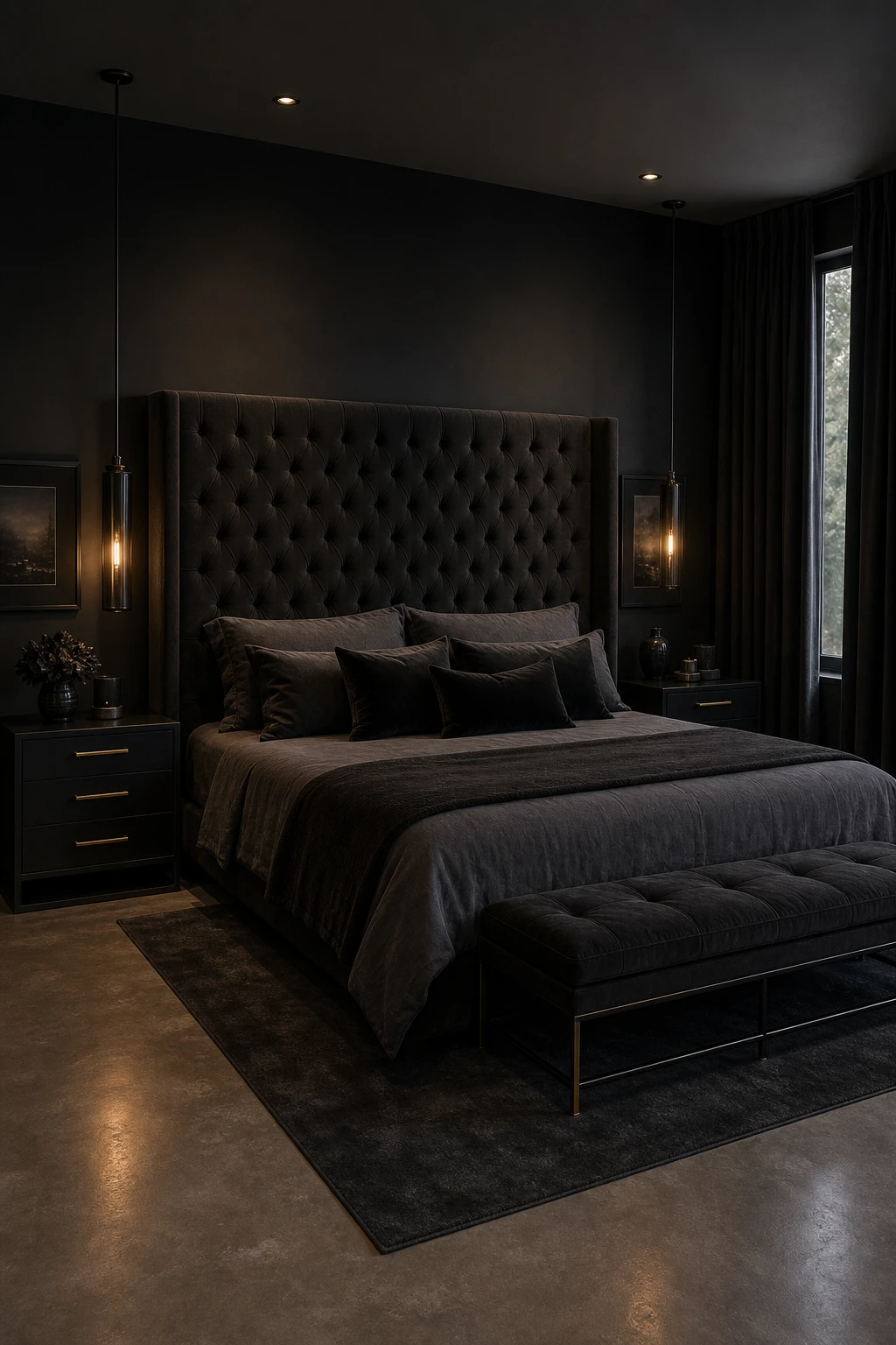 Dark gray bedroom with black and gray luxury layering, deep monochrome bedding, velvet headboard, moody wall paint, and soft ambient lighting