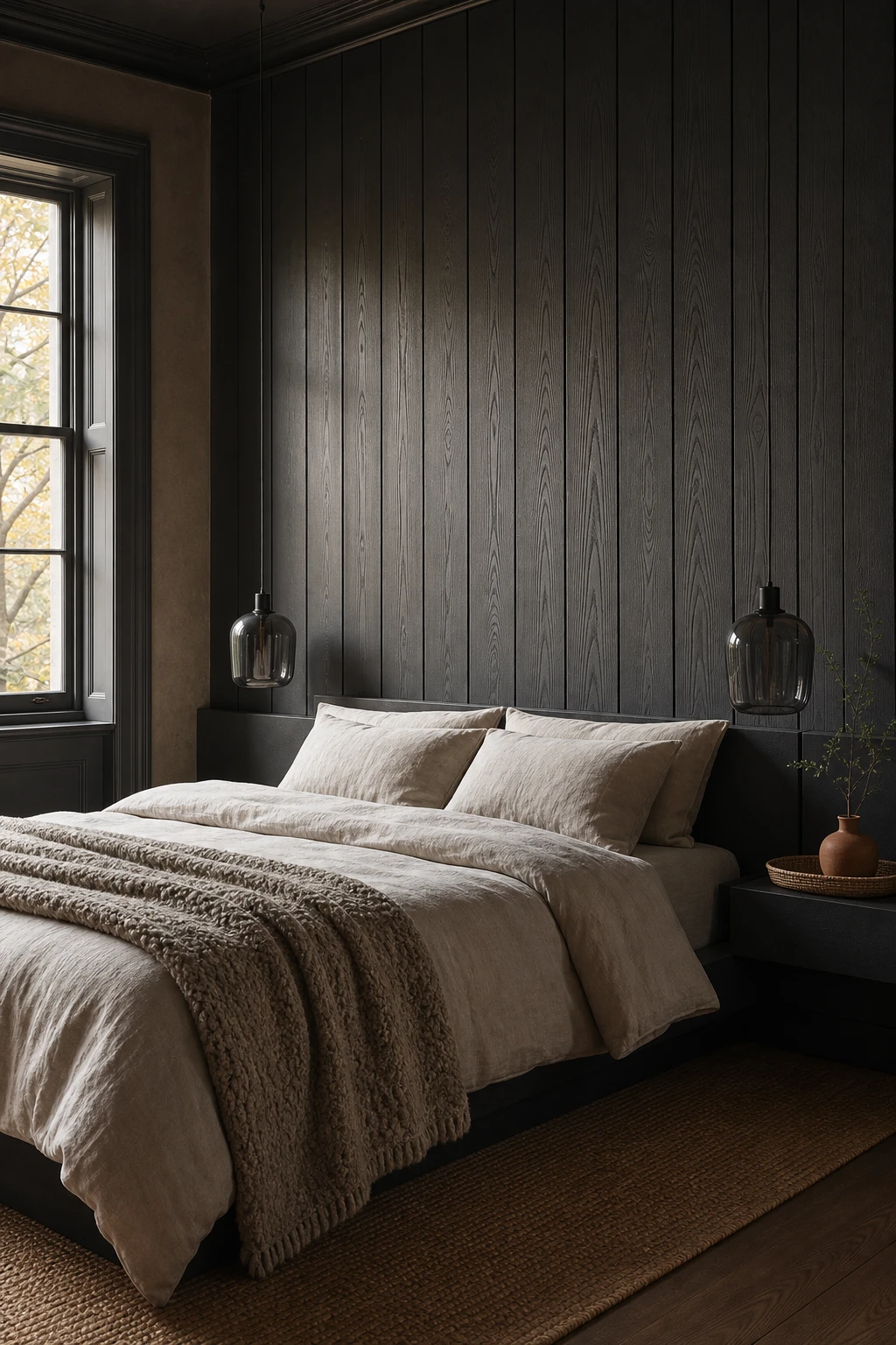 Dark gray bedroom with black wood panel feature wall painted in Farrow and Ball Railings, natural grain texture, linen bedding, warm pendant lighting
