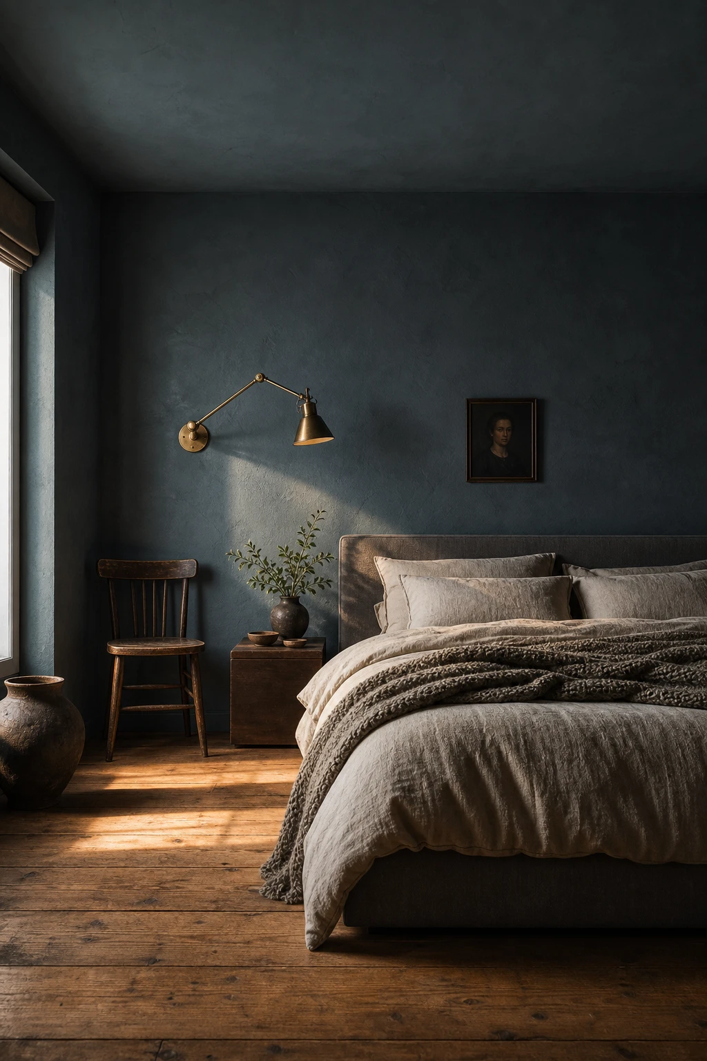 Dark gray bedroom with blue gray walls painted Farrow and Ball Inchyra Blue, linen bedding, warm brass lighting, and timber floor creating a calm moody retreat