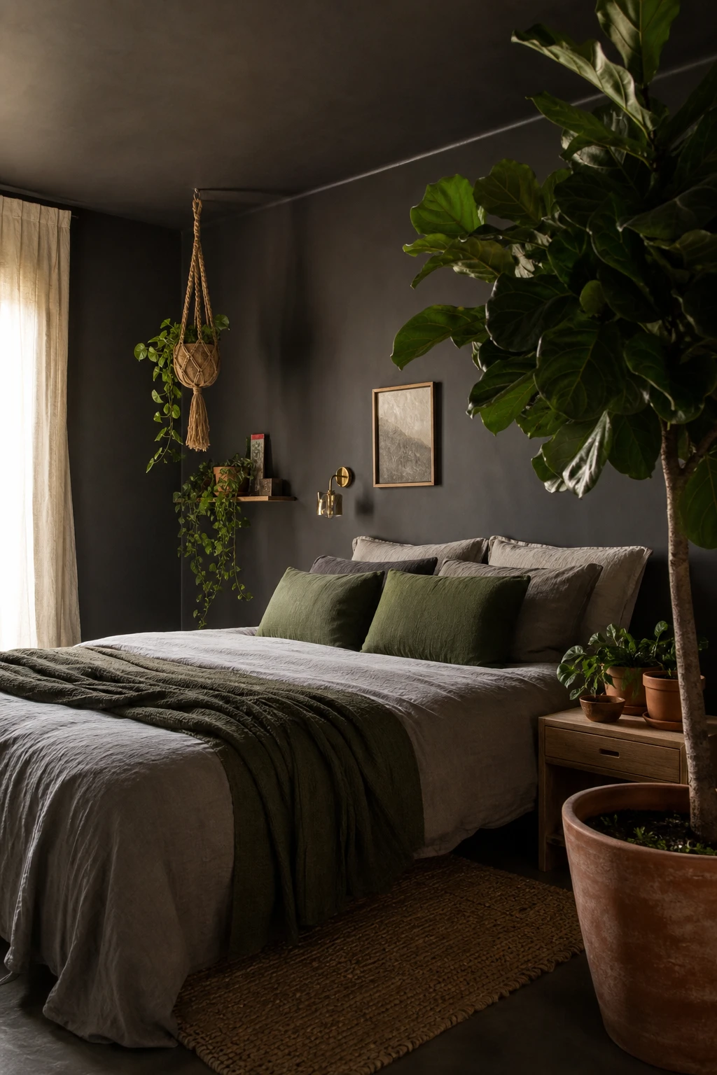 Dark gray bedroom with bold dark walls and lush green plants styled as the hero feature, natural morning light, magazine quality interior photography
