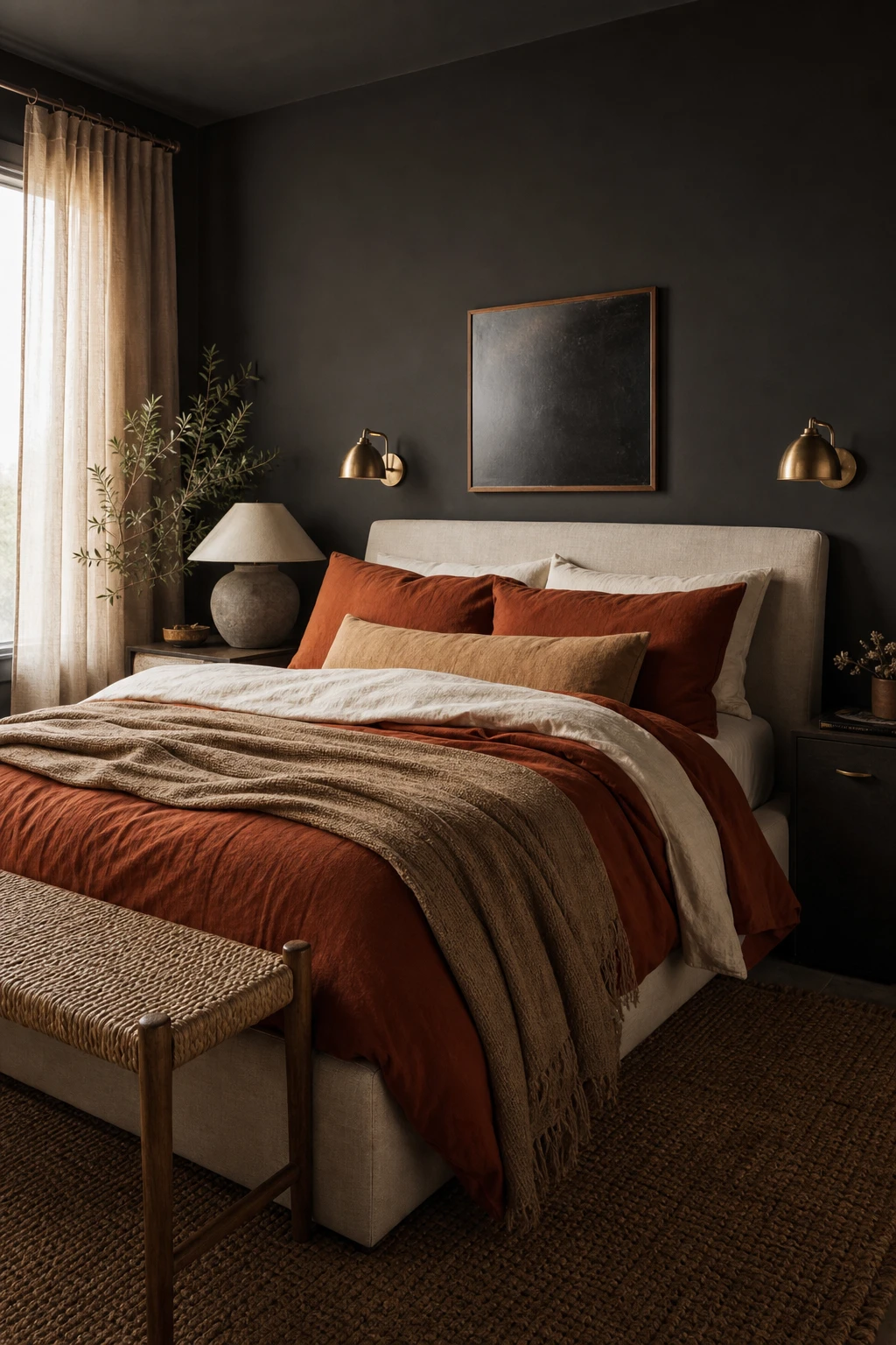 Dark gray bedroom with charcoal walls painted Farrow and Ball Hopper Head, layered ivory and rust bedding, linen curtains, and warm brass lighting