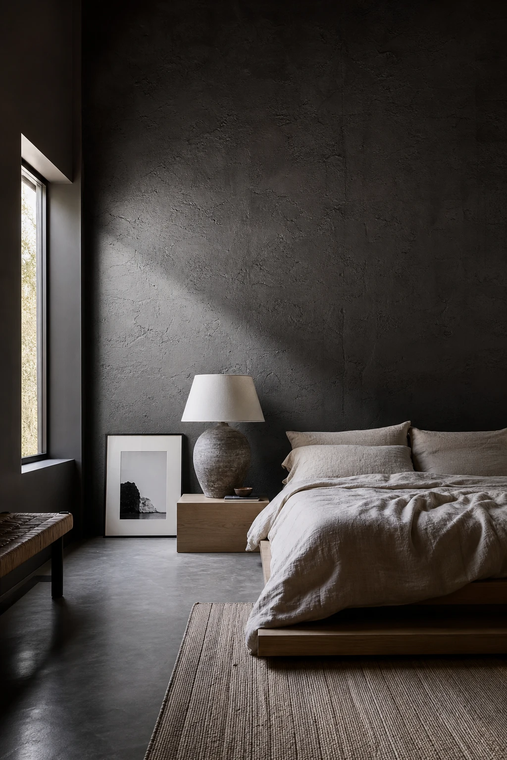 Dark gray bedroom with concrete finish accent wall painted Manor House Gray, raw industrial texture, linen bedding, and soft directional morning light