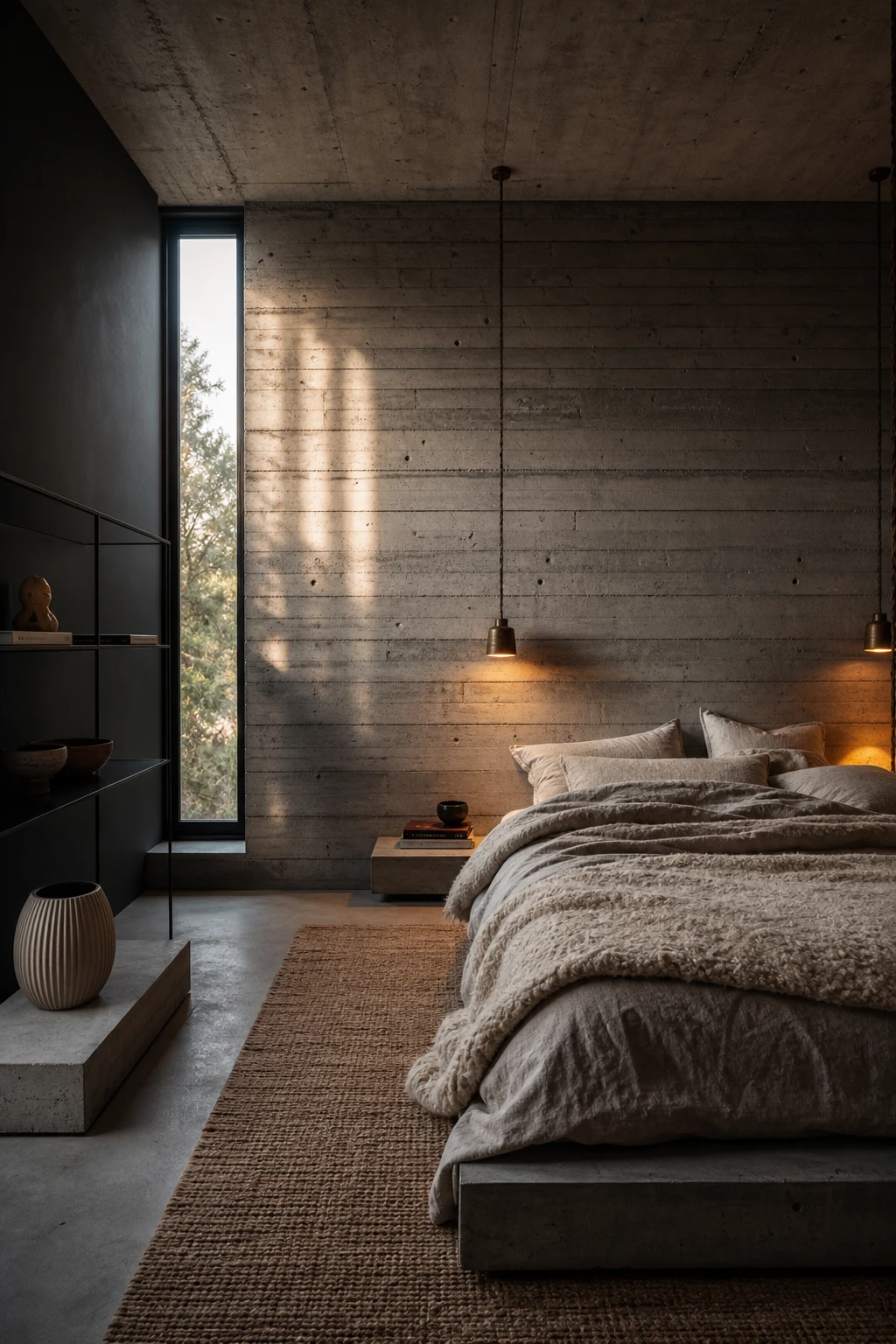 Dark gray bedroom with concrete minimalism aesthetic, raw concrete walls painted Farrow and Ball Stoke gray, soft textile layers, warm directional lighting
