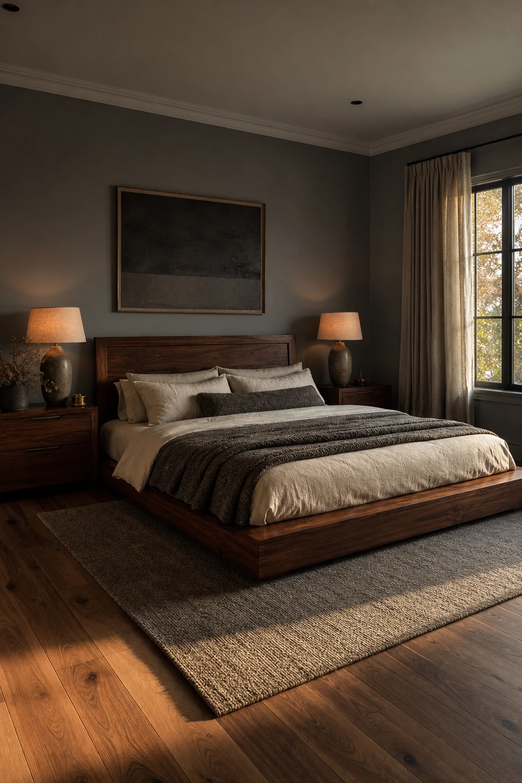Dark gray bedroom with dark wood furniture as the hero, featuring a low platform bed, walnut nightstands, linen bedding, and warm evening light on Purbeck Stone walls