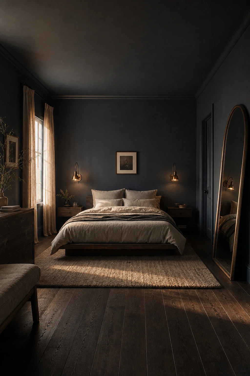 Dark gray bedroom with deep blue painted walls, linen bedding, brass sconces, and dark timber floors lit by warm evening side light