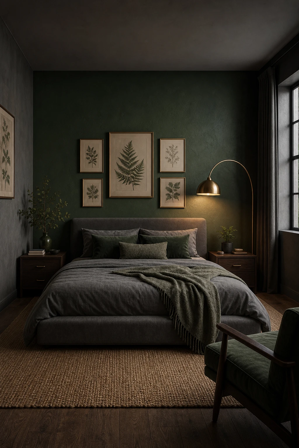 Dark gray bedroom with deep green and gray tones layered together, featuring rich velvet bedding, botanical accents, and warm evening light on textured walls