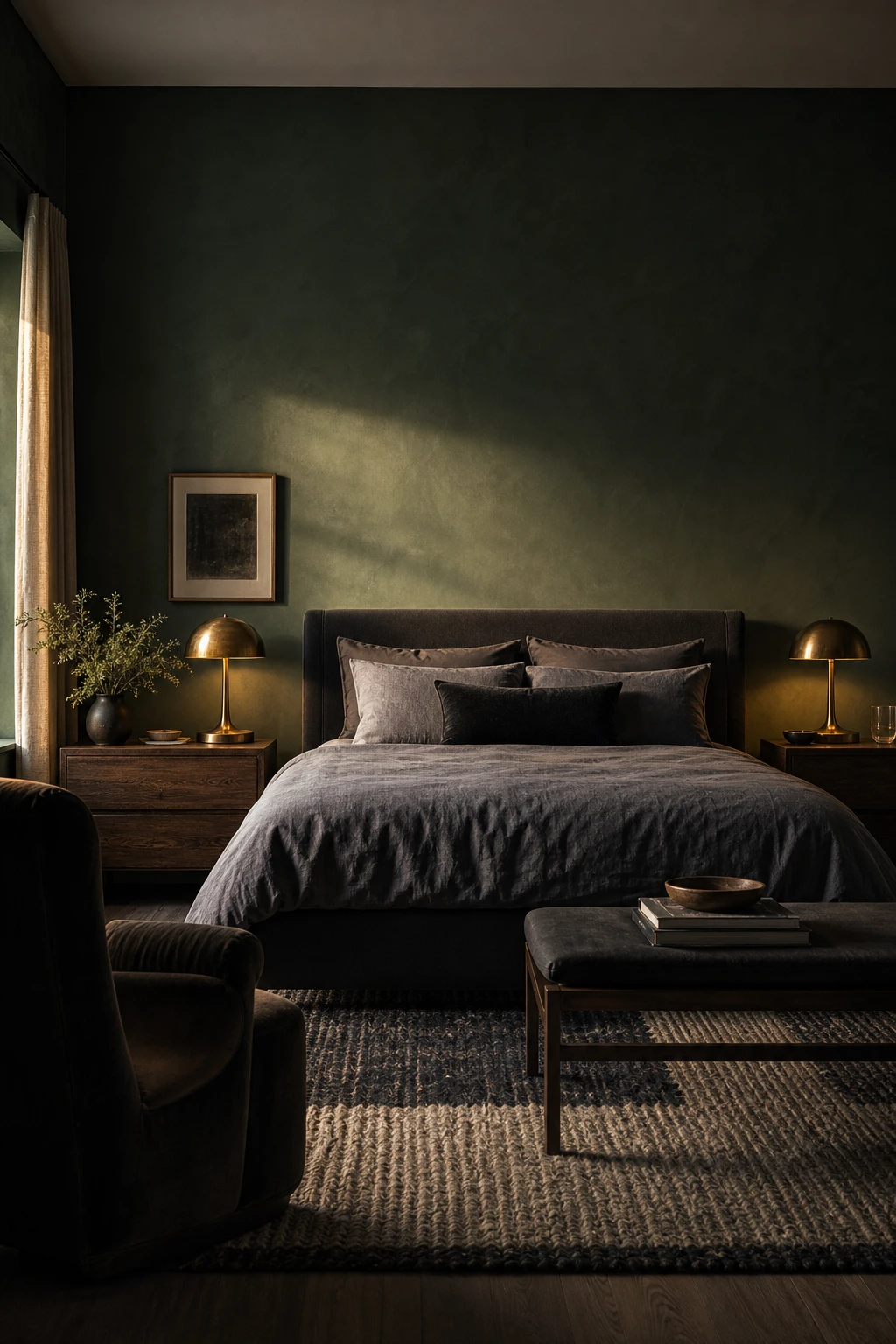 Dark gray bedroom with deep green walls, charcoal linen bedding, brass sconces, dark walnut nightstands, and warm evening light from a single bedside lamp