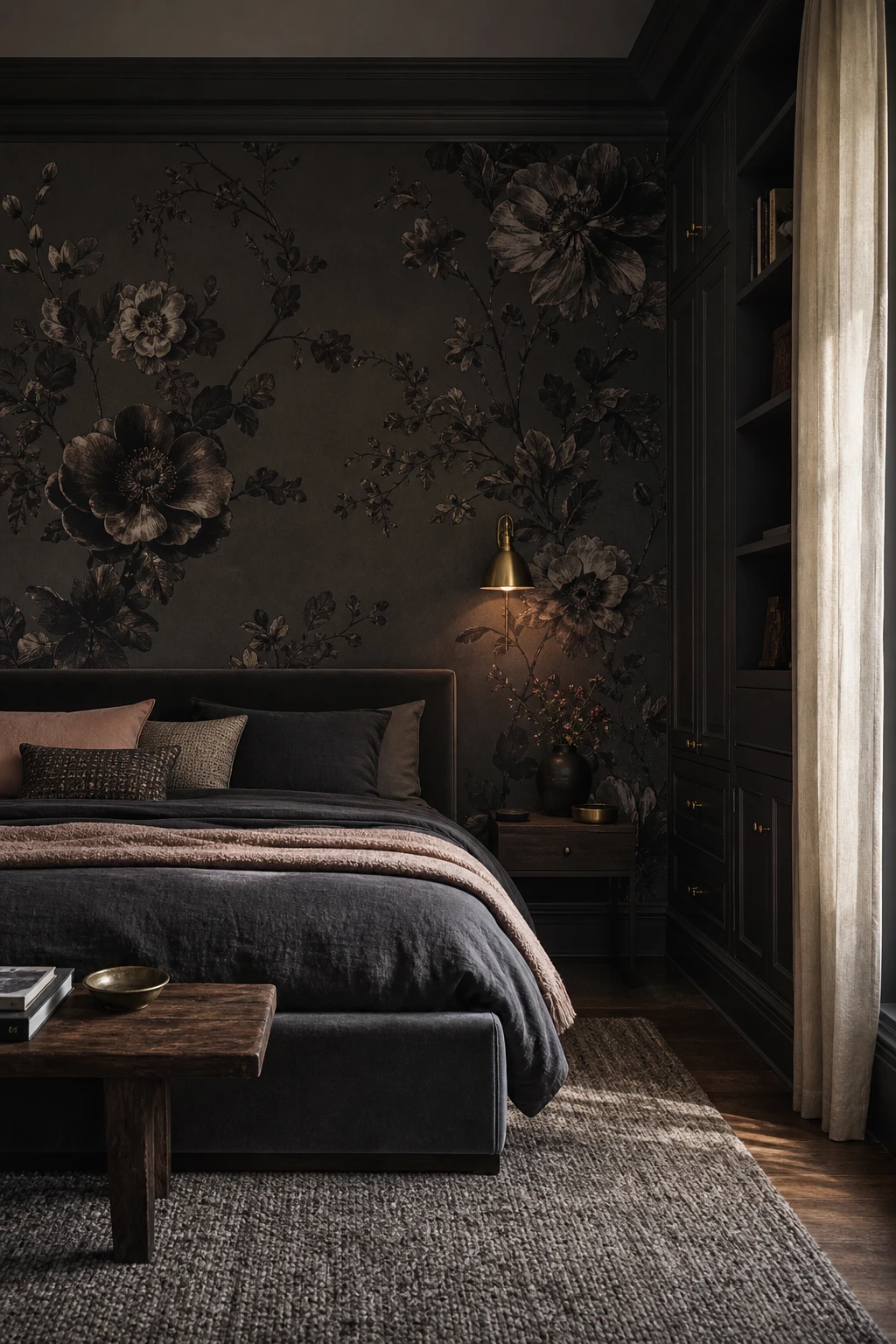 Dark gray bedroom with dramatic black floral wallpaper as hero feature, soft lighting, layered textiles, and Farrow & Ball Off Black painted trim