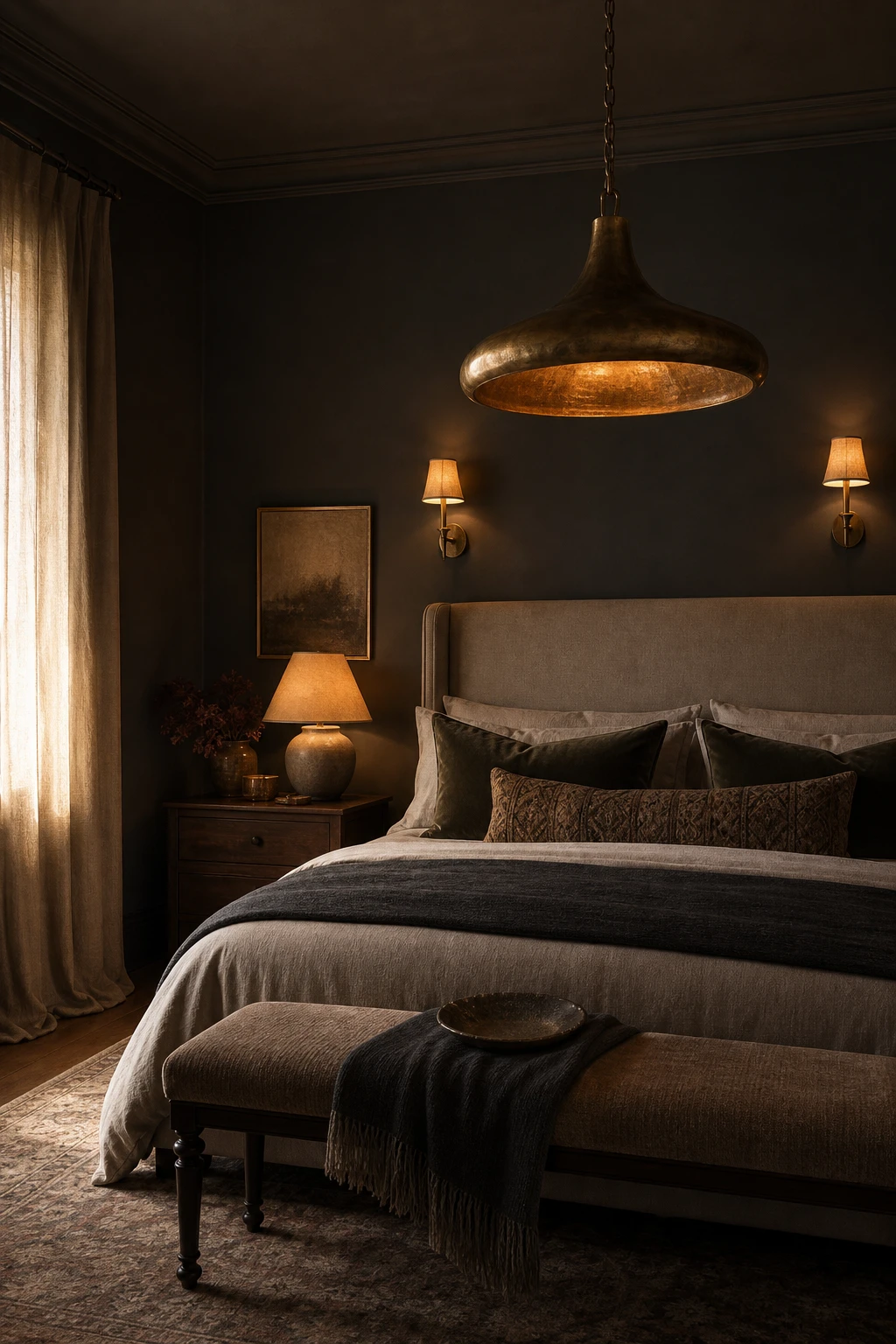 Dark gray bedroom with layered decorative lighting including pendant, sconces, and table lamp casting warm amber glow against Down Pipe painted walls