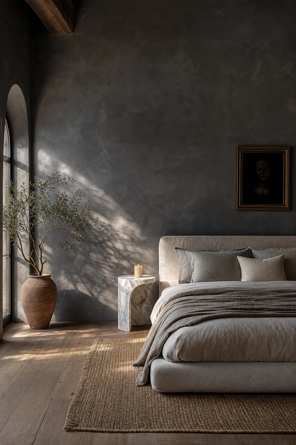 Dark gray bedroom with limewash walls in Farrow and Ball Plummett, linen bedding, arched window, and warm candlelight on a marble nightstand