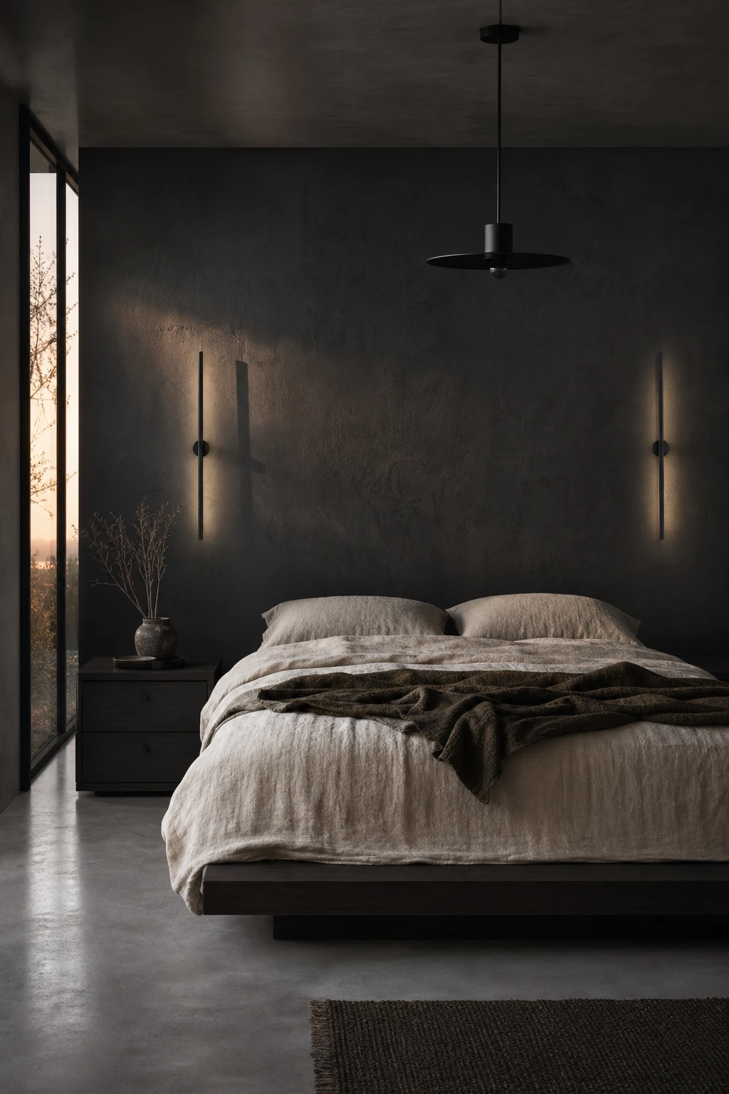 Dark gray bedroom with minimalist black wall sconces as hero, Farrow & Ball Liquorice painted walls, linen bedding, and natural oak flooring in soft evening light
