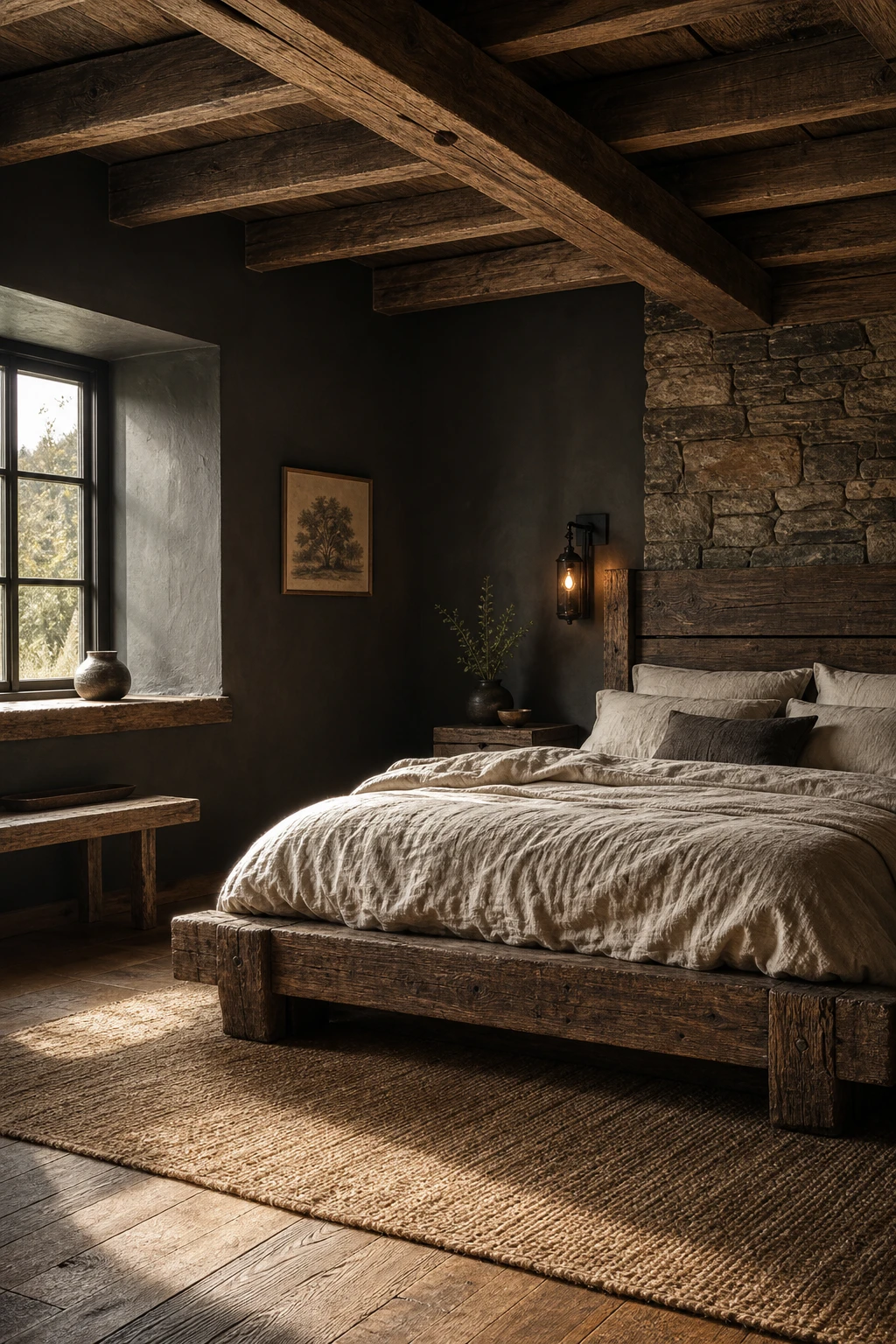 Dark gray bedroom with rustic timber bed frame, raw wood ceiling beams, linen bedding, and Farrow & Ball Worsted painted walls in warm candlelight