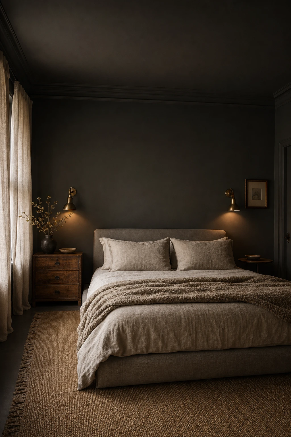 Dark gray bedroom with walls, ceiling and trim painted the same deep tone, layered textiles, warm brass lighting and pale linen bedding creating an airy cocooning effect