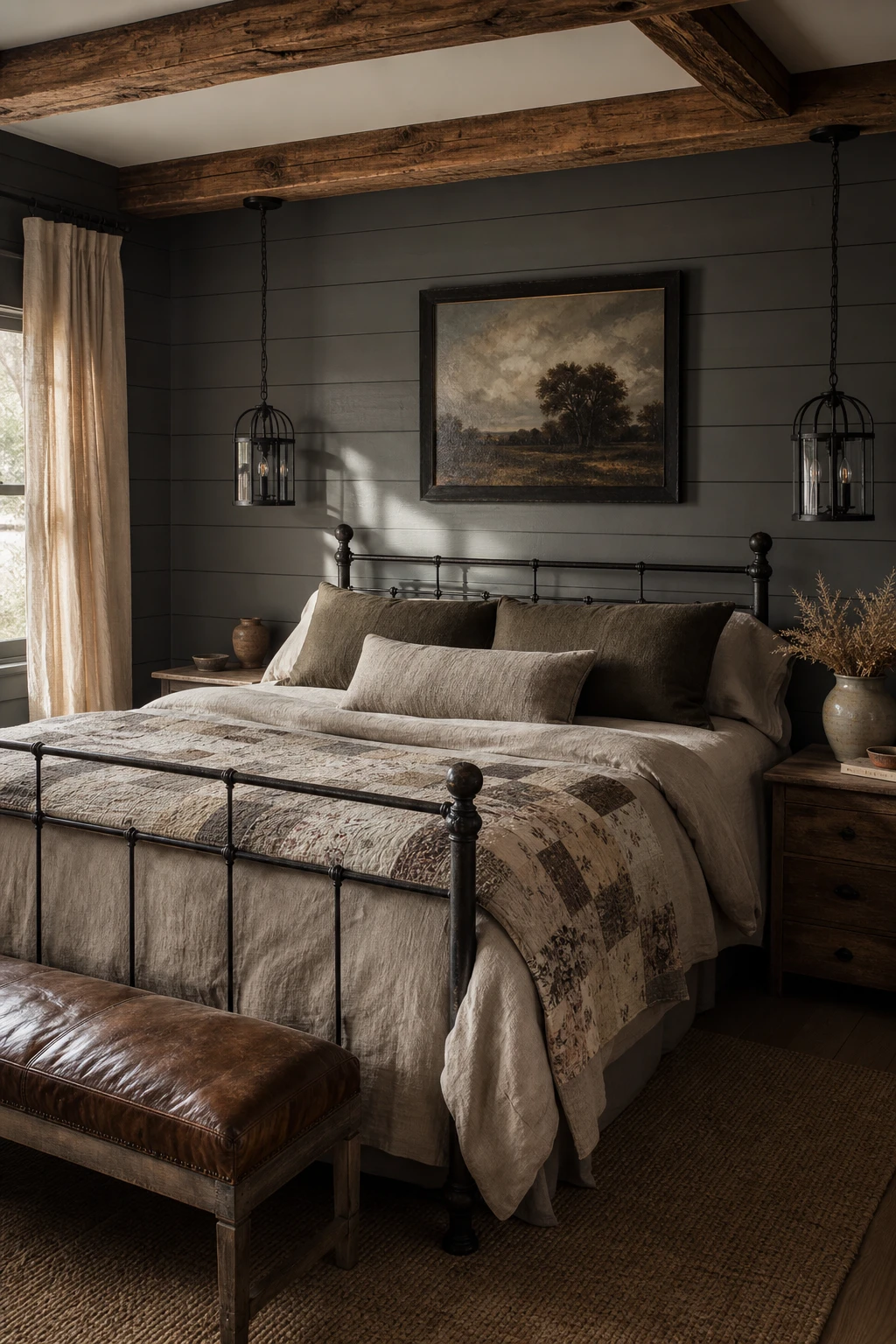 Dark gray farmhouse bedroom with shiplap walls in Farrow and Ball Lamp Room Gray, linen bedding, wrought iron bed frame, wooden beams and lantern pendant lights