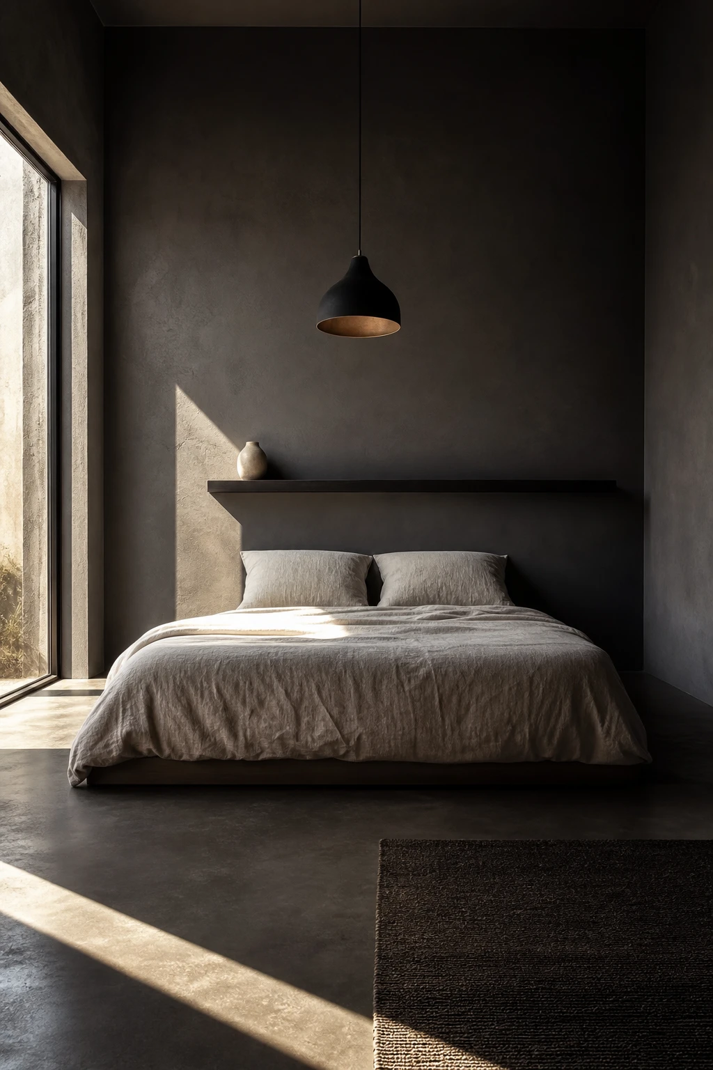 Dark gray minimalist bedroom with Pavilion Gray walls, low platform bed, linen bedding, and a single pendant light in soft morning light