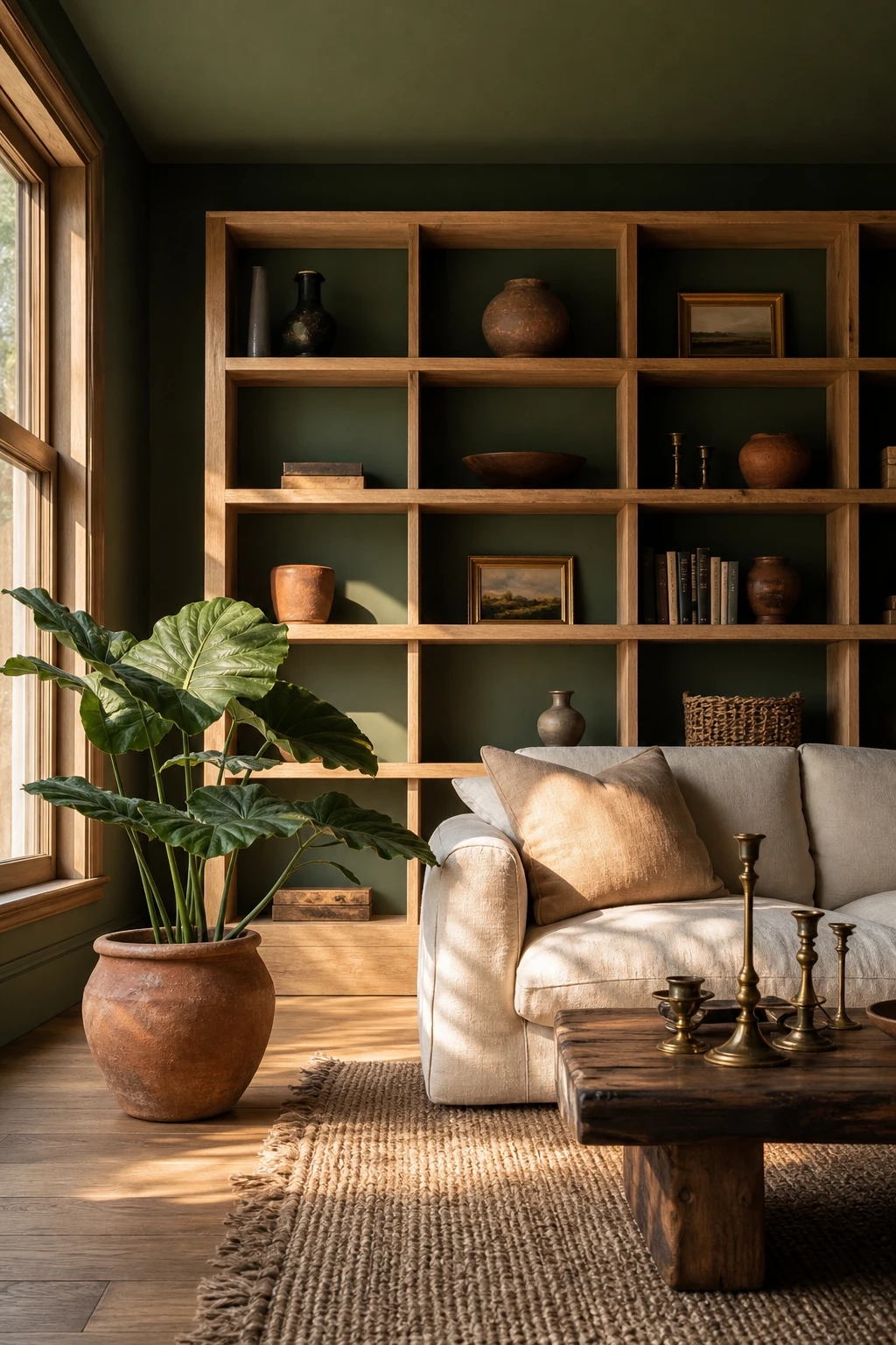 Dark green and natural wood living room with Farrow and Ball Bancha painted walls, raw timber shelving, linen sofa, woven rug and brass accents in warm afternoon light