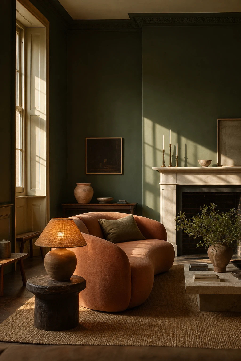 Dark green and terracotta living room bathed in warm afternoon natural light with Farrow and Ball Ball Green walls and terracotta accents throughout