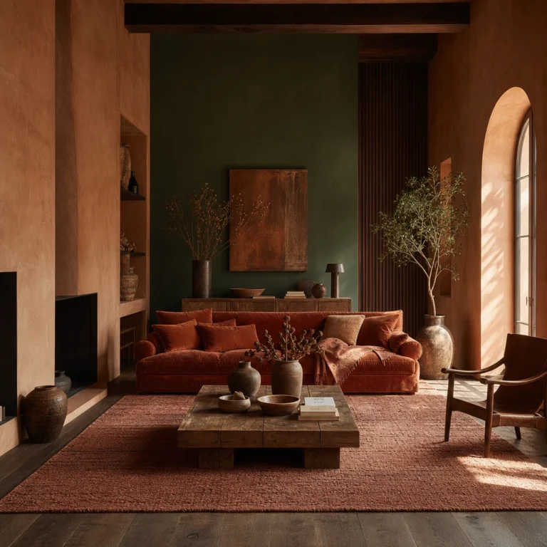 Dark green and terracotta living room with limewash plaster walls, a forest green accent wall, rust velvet sofa, terracotta rug, and dark oak flooring in warm late afternoon light.