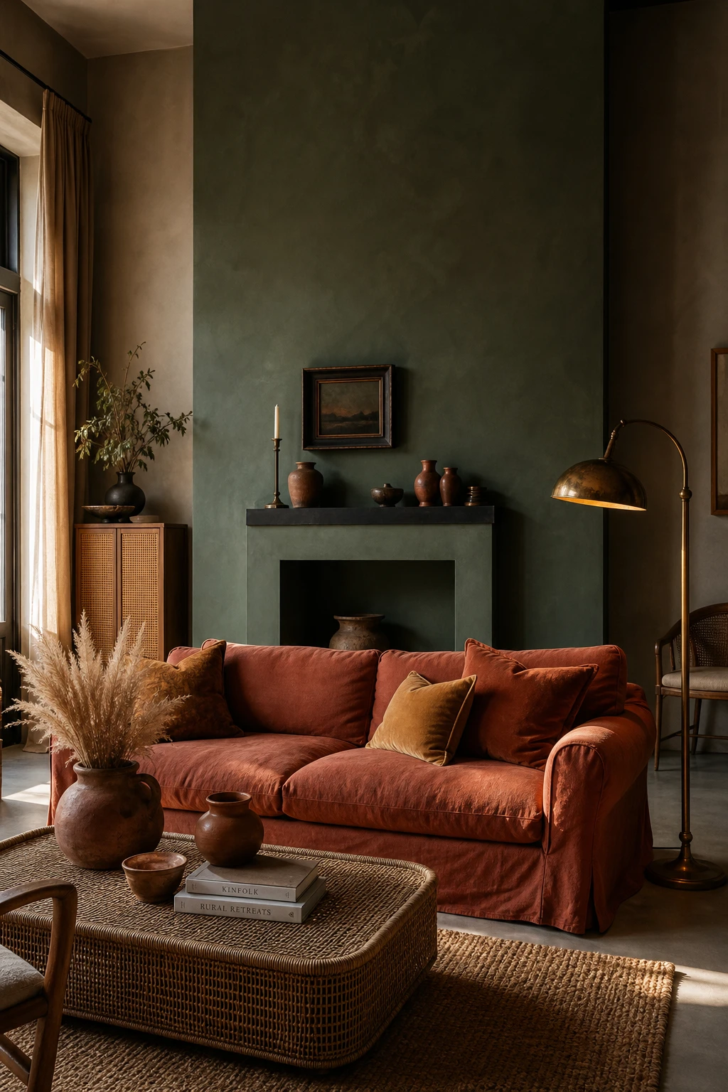 Dark green and terracotta living room with a bold Studio Green accent wall anchoring the space, terracotta cushions, warm evening light