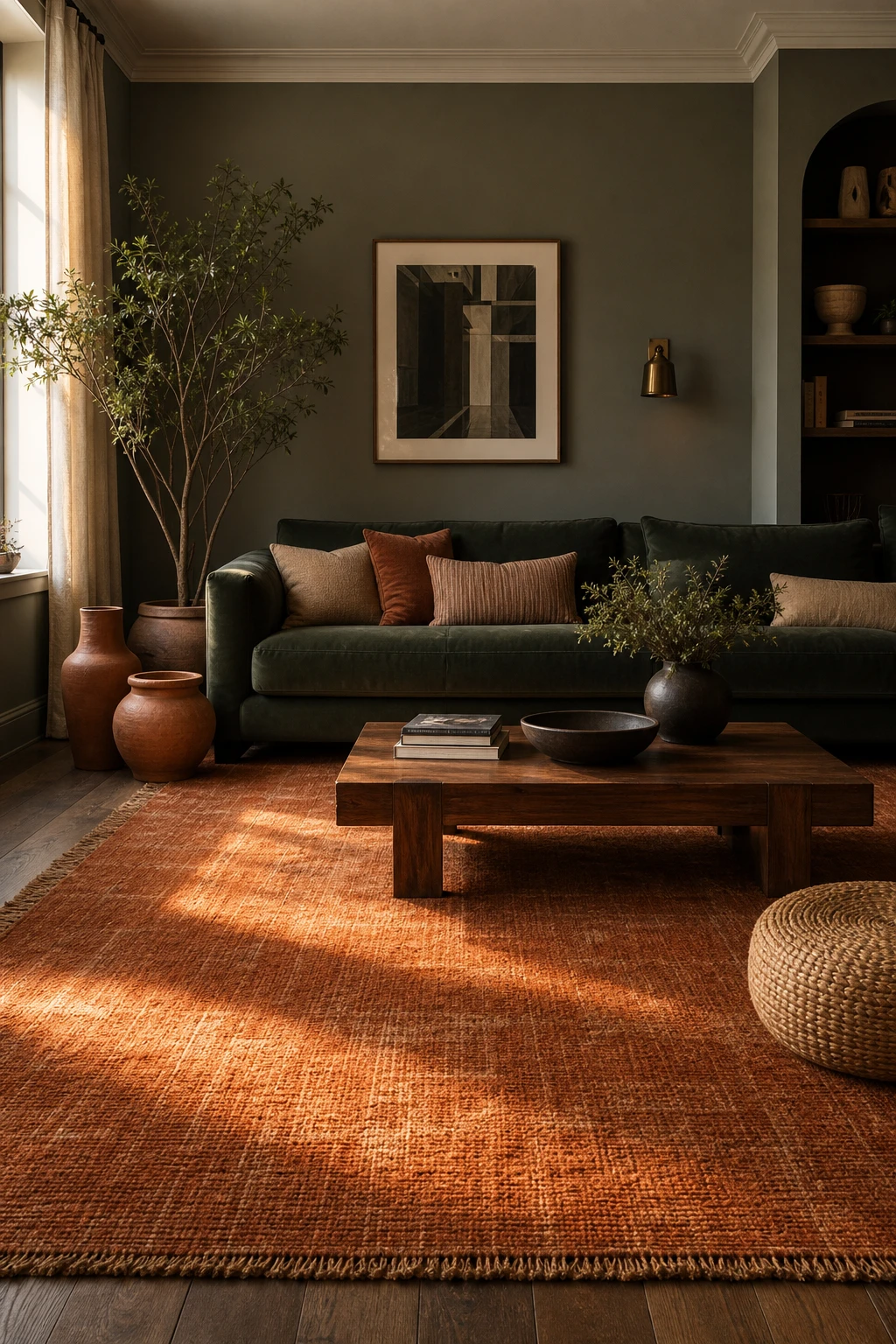 Dark green and terracotta living room with a bold terracotta rug anchoring a deep green sofa, sage green walls in Farrow and Ball Ash Grey paint, warm afternoon light