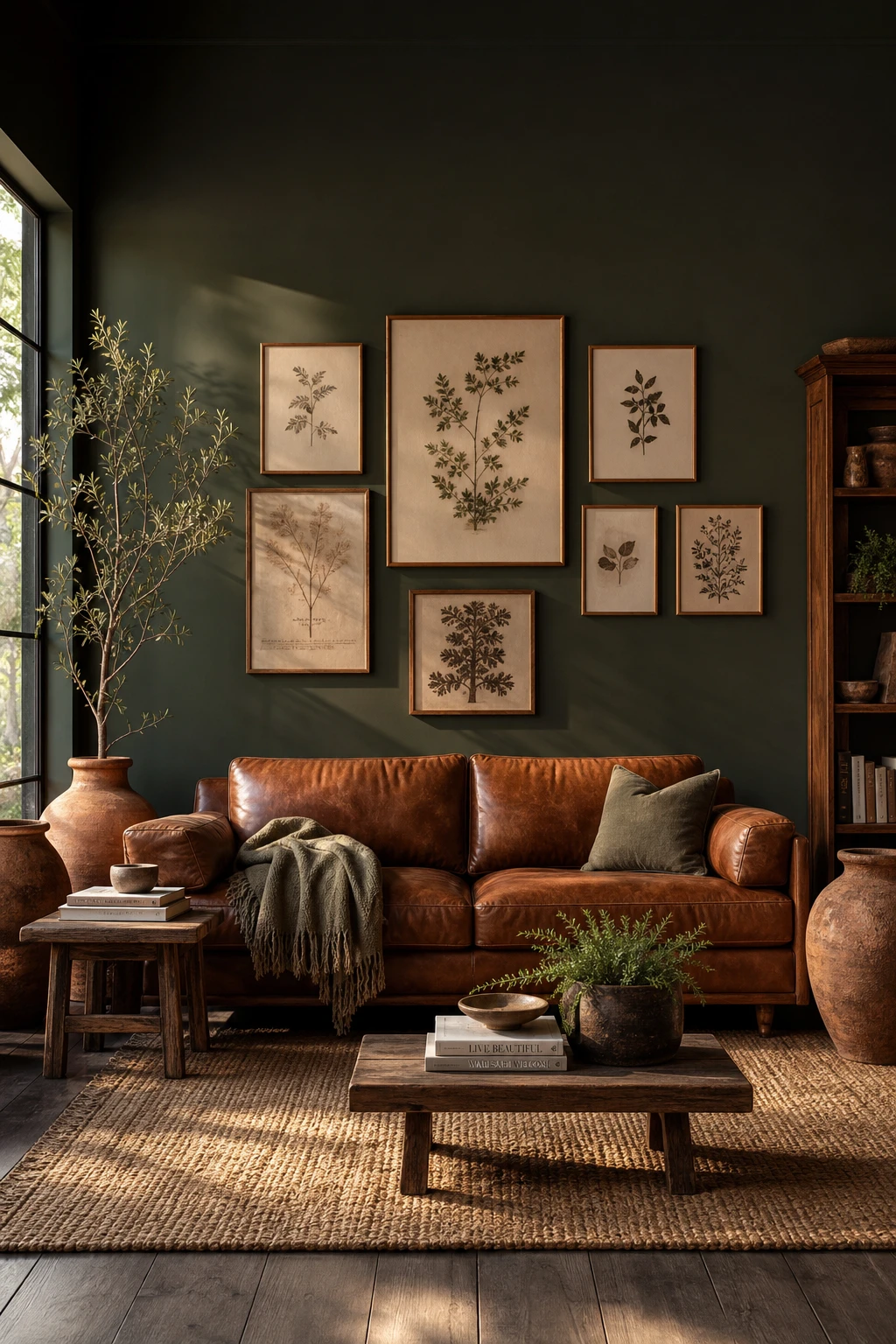 Dark green and terracotta living room with a brown leather sofa as the hero, terracotta cushions, woven rug, and Carriage Green painted wall