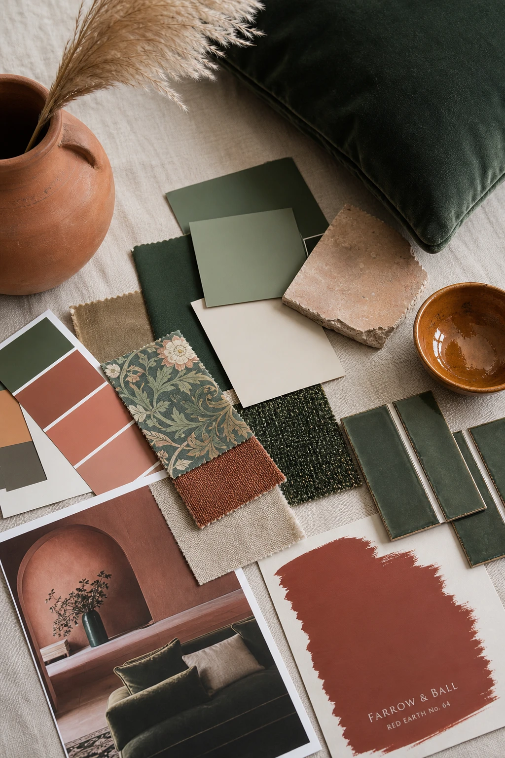 Dark green and terracotta living room with a color scheme planning flat lay of paint swatches, fabric samples, and tile pieces arranged on a linen surface