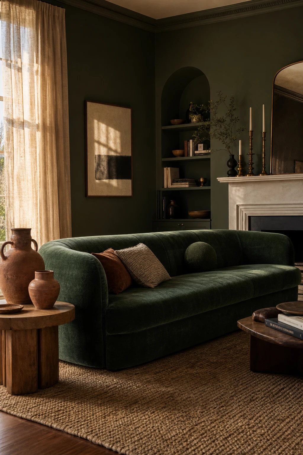 Dark green and terracotta living room with a deep green velvet sofa as the focal point, warm afternoon light, Farrow and Ball Sap Green walls