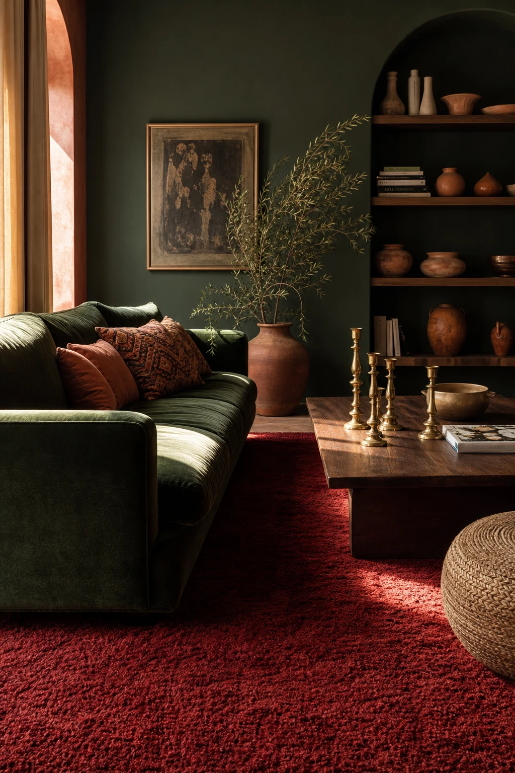 Dark green and terracotta living room with a deep red rug anchoring a forest green couch, warm afternoon light, rich layered textiles and earthy tones