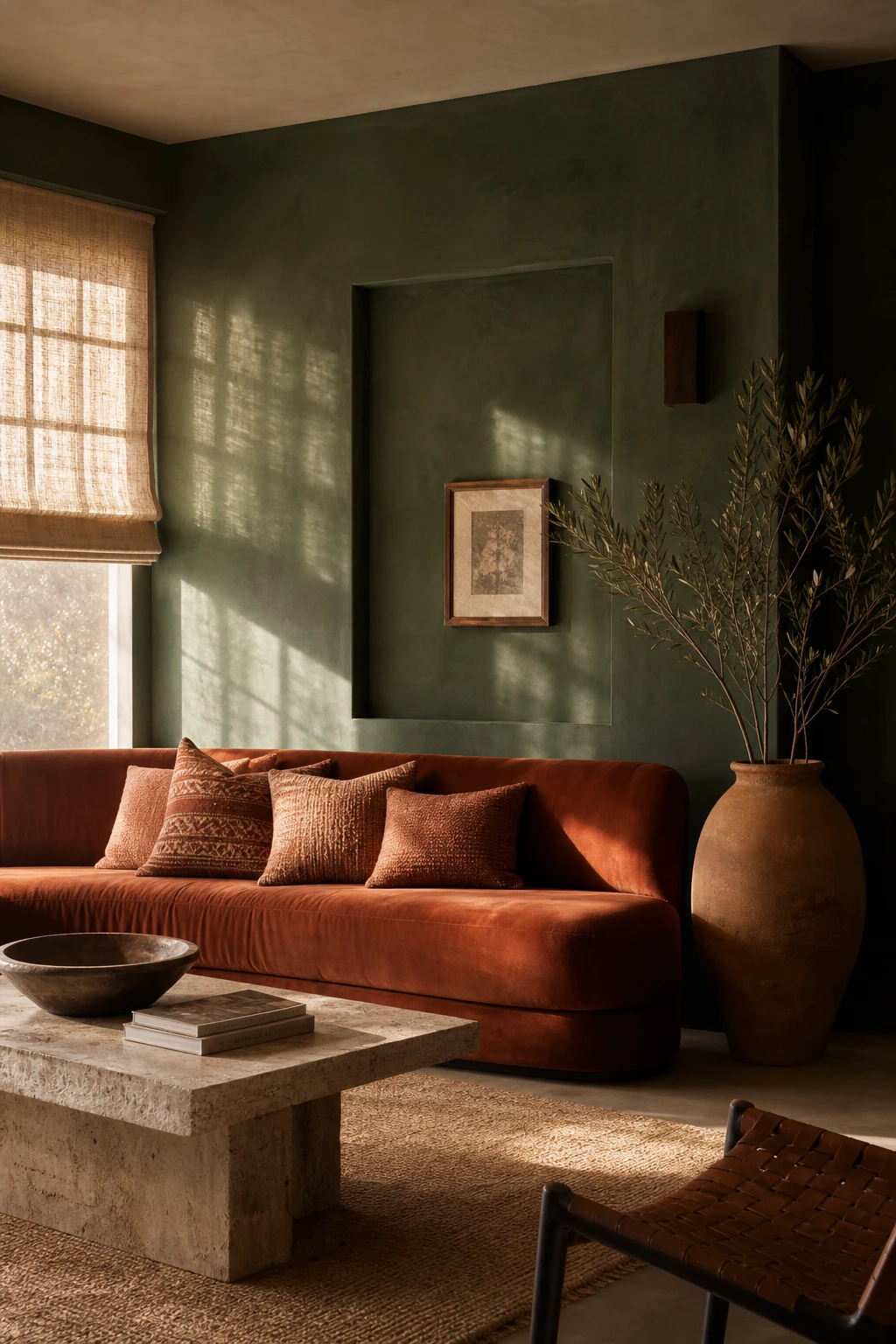 Dark green and terracotta living room with a rust sofa against deep green walls, warm afternoon light, layered textiles and ceramic accents