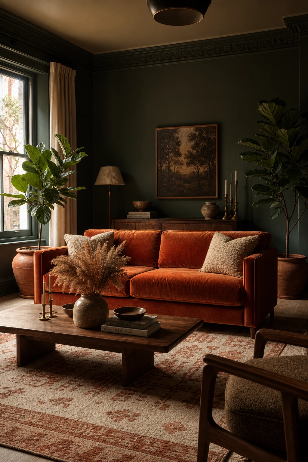 Dark green and terracotta living room with a rust velvet sofa as the focal point, surrounded by Churlish Green walls and layered botanical accents