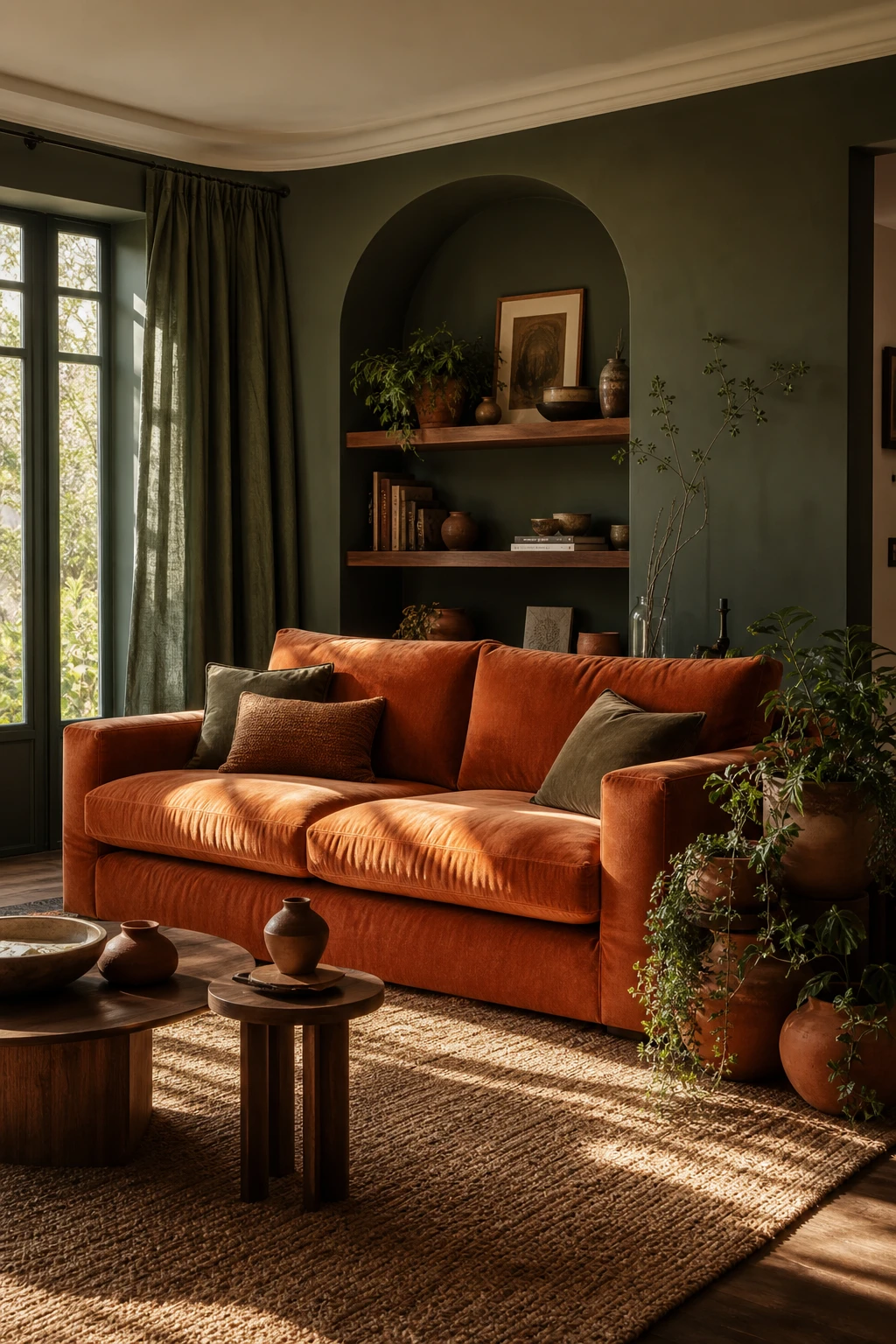 Dark green and terracotta living room with a terracotta sofa as the focal point, neutral walls in Farrow and Ball Monkey Puzzle accents, warm afternoon light