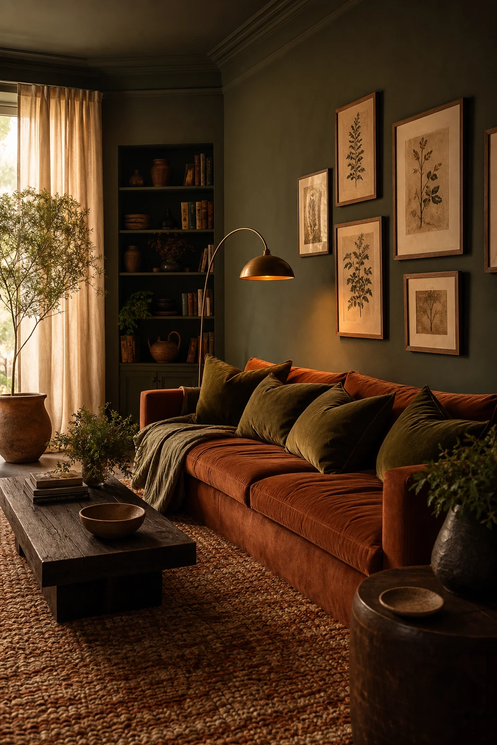 Dark green and terracotta living room with burnt orange sofa, olive cushions, aged brass lamp, woven rug and Farrow and Ball Yeabridge Green painted walls