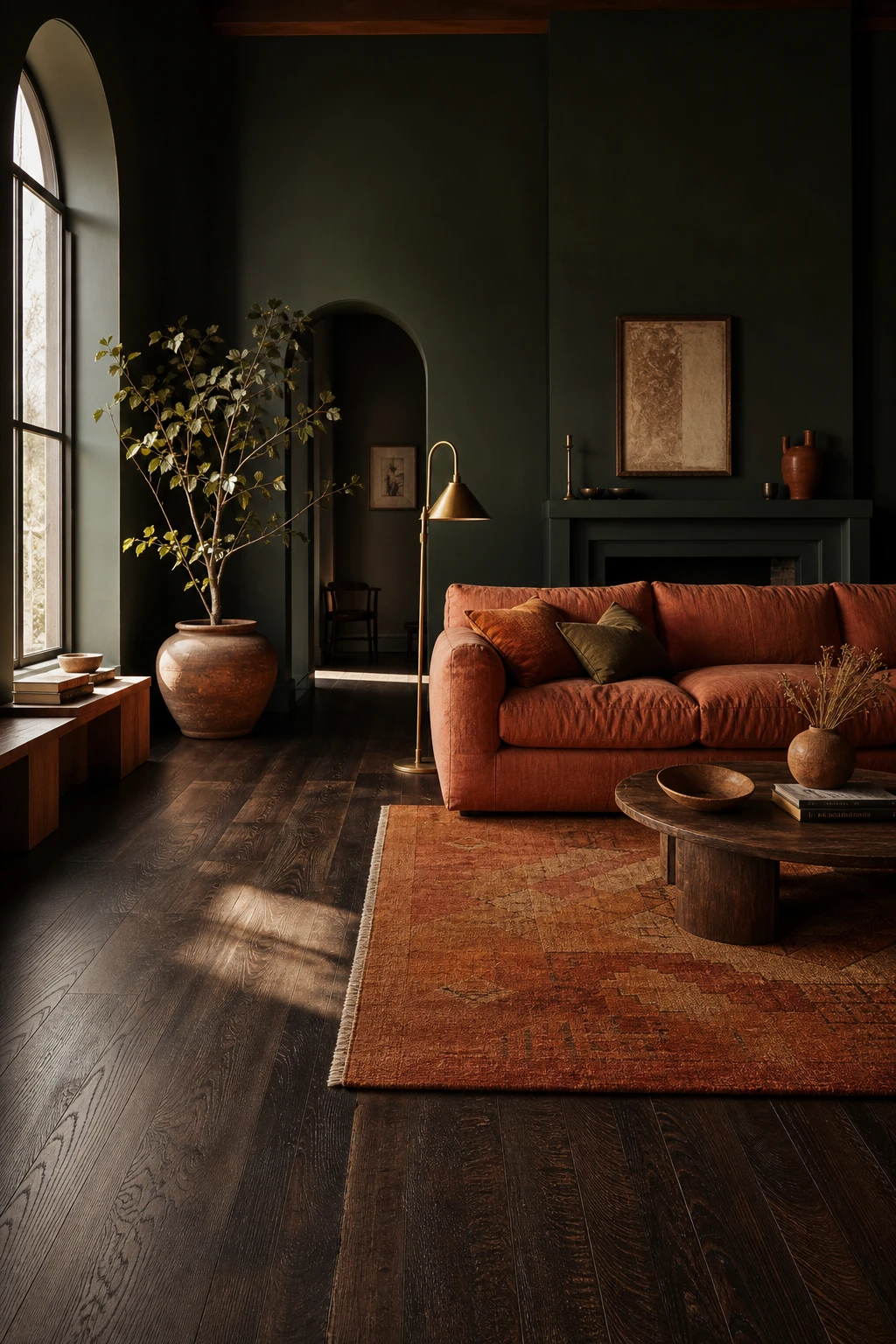 Dark green and terracotta living room with dark wood floors as the hero, featuring rich wall colour, terracotta accents and warm natural light