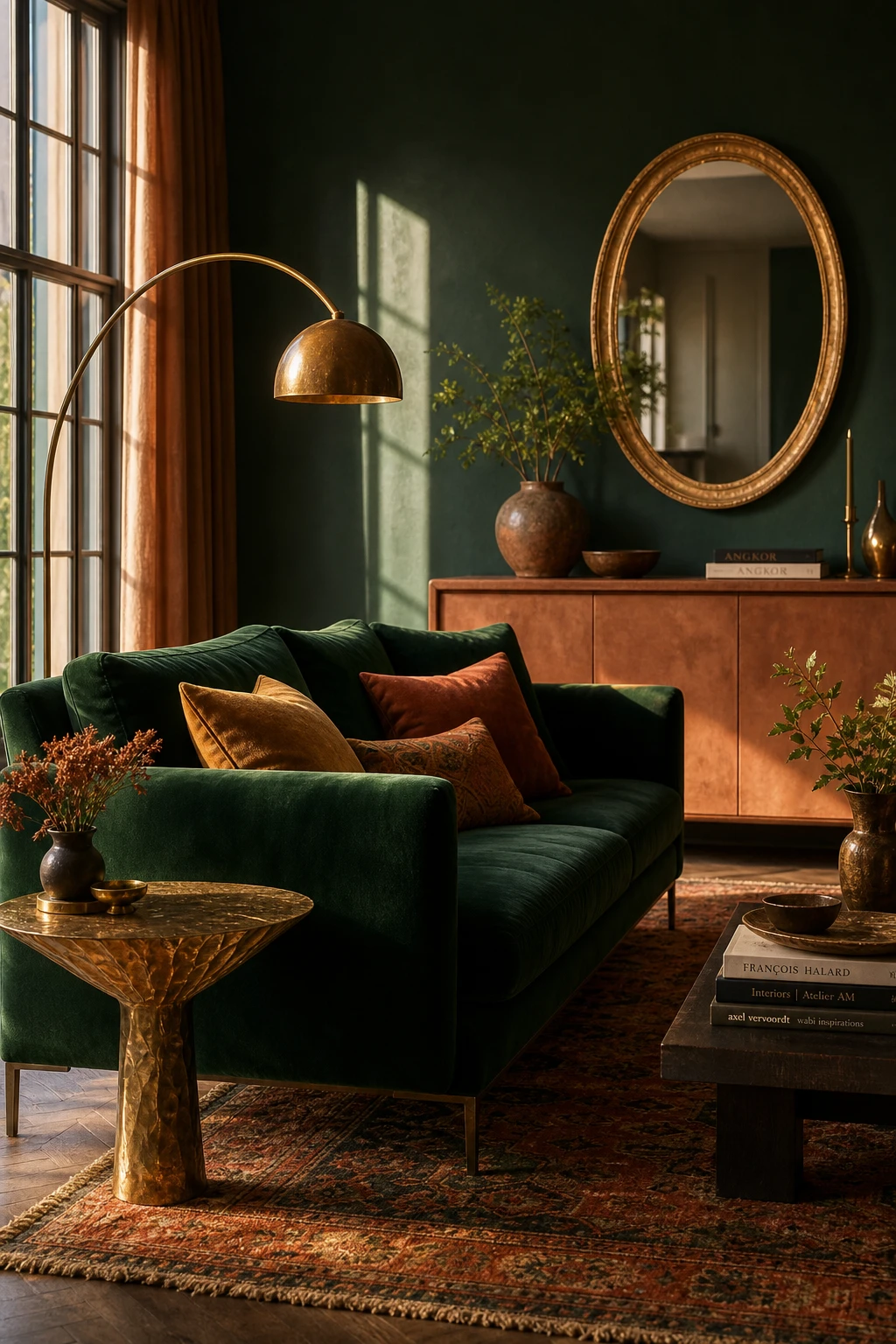 Dark green and terracotta living room with emerald velvet sofa, gold accents, terracotta cushions, brass lamp and rich layered textiles in warm afternoon light