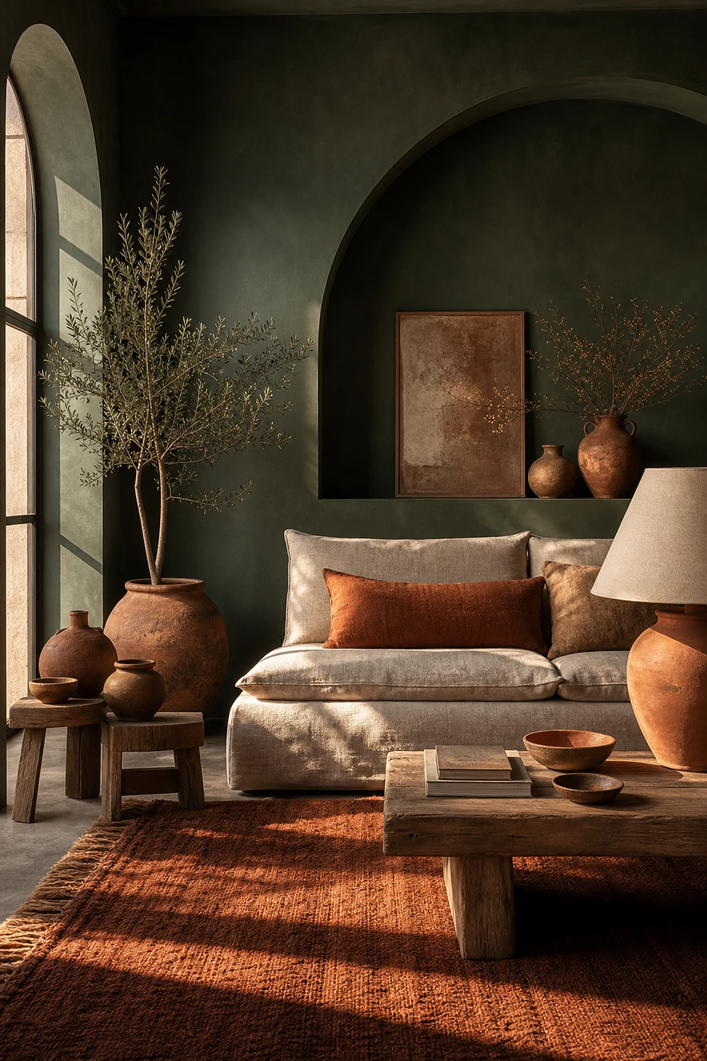 Dark green and terracotta living room with Farrow and Ball Treron painted walls, clay pots, warm afternoon light, linen sofa and handwoven rug