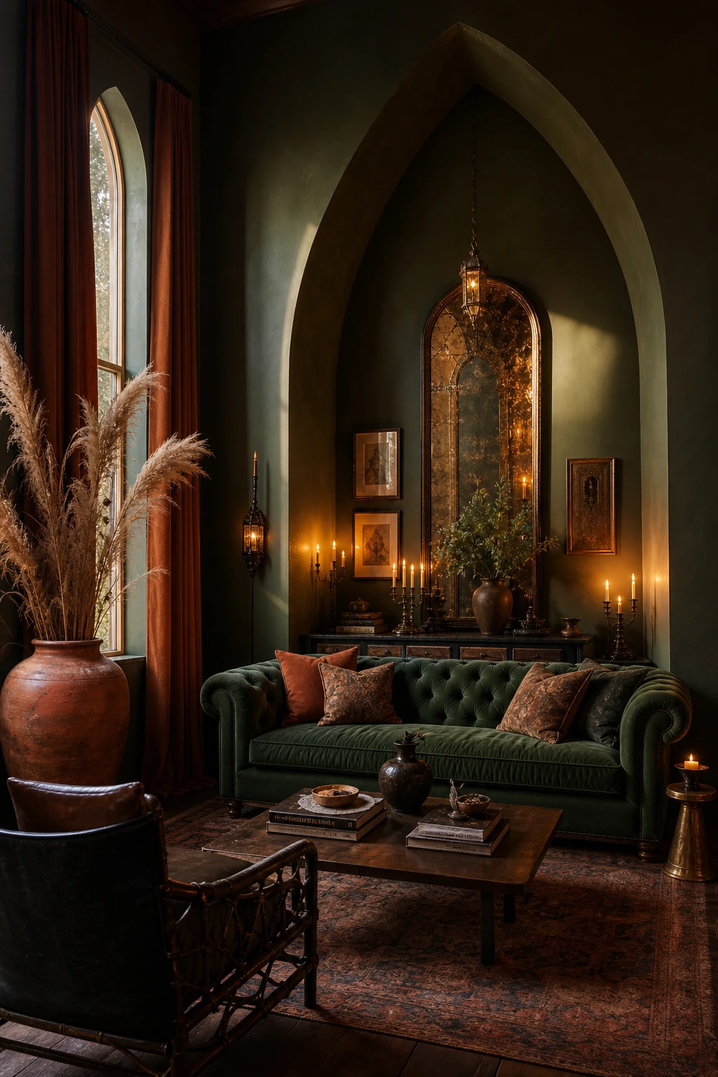 Dark green and terracotta living room with gothic arched alcoves, candlelight, deep velvet seating and Farrow and Ball Sutcliffe Green painted walls