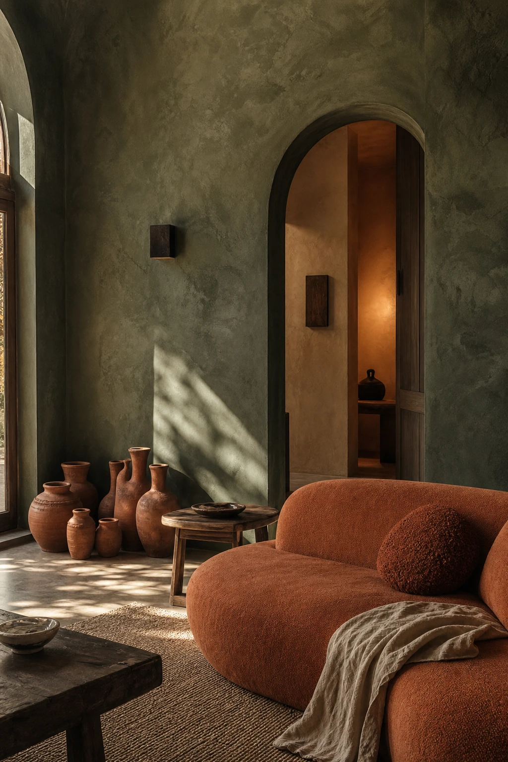 Dark green and terracotta living room with limewash textured walls painted in Farrow and Ball Arsenic, earthy clay vessels, woven throws and warm afternoon light