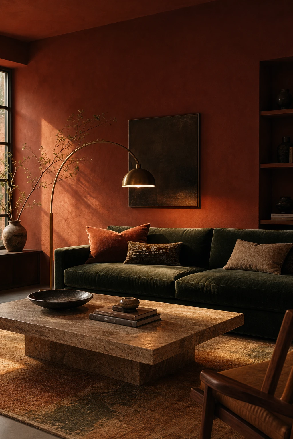 Dark green and terracotta living room with rich Singed Red painted walls, velvet sofa, brass lighting, and natural linen textiles in warm afternoon light