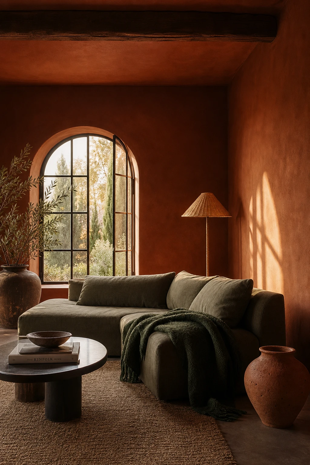 Dark green and terracotta living room with rust walls painted Farrow and Ball Fox Red, linen sofa, arched window and woven rattan accents in warm evening light