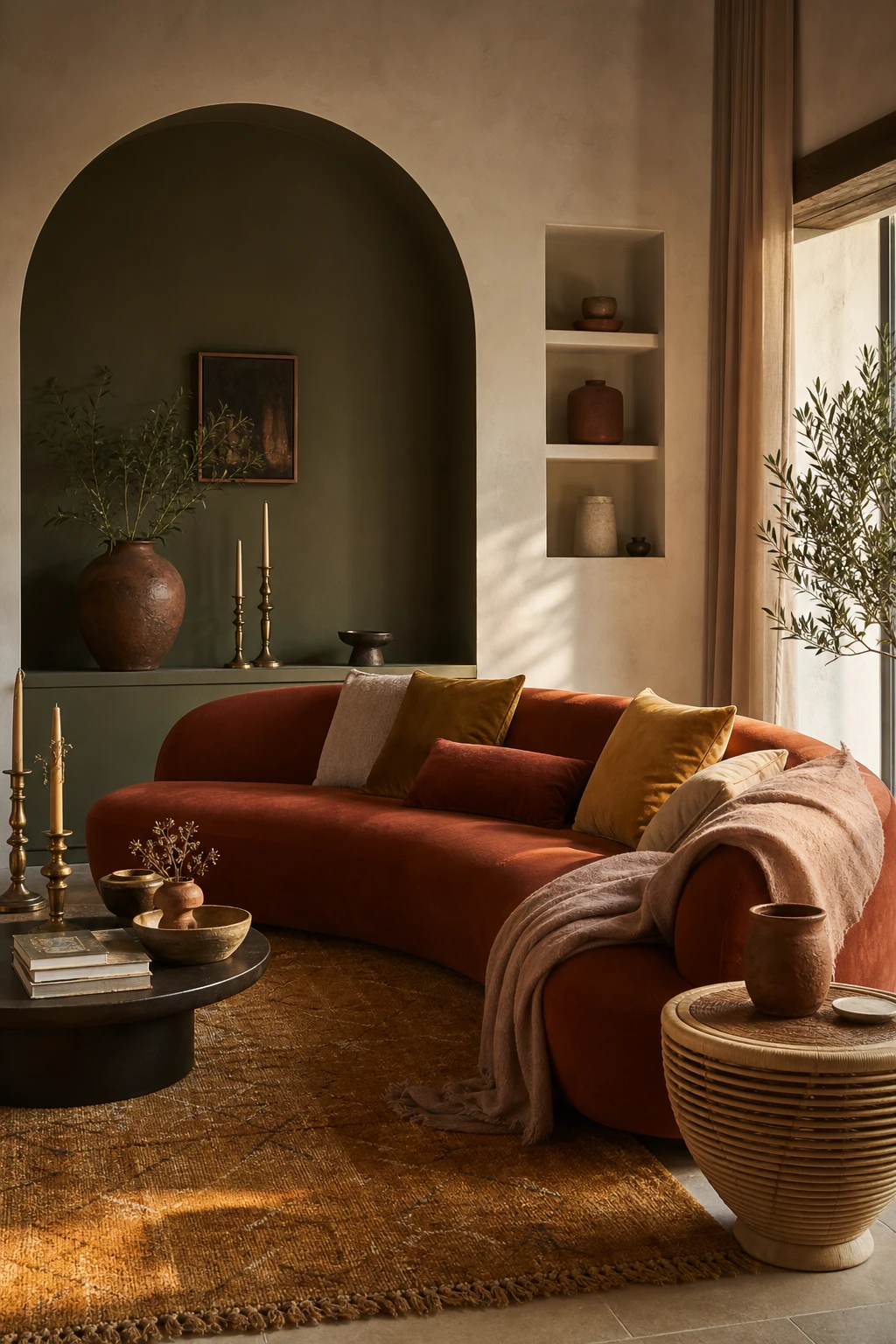 Dark green and terracotta living room with supporting palette of mustard, rust, warm ivory and blush tones styled in layered textiles and ceramics