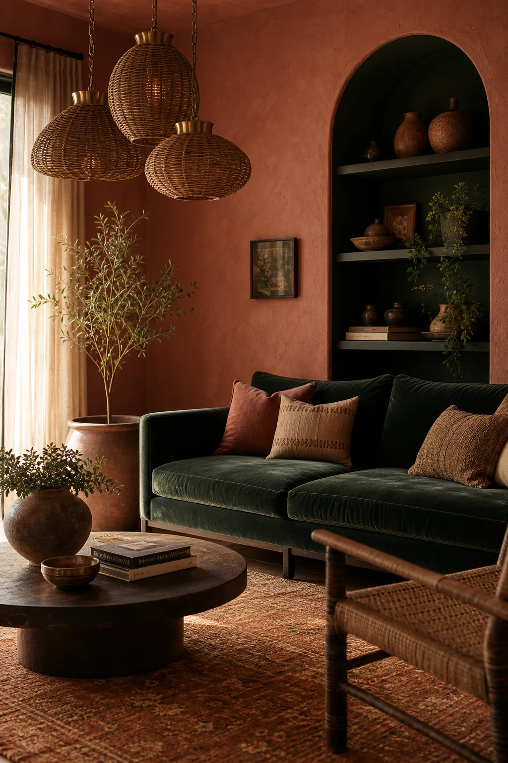Dark green and terracotta living room with terracotta as the dominant wall colour, layered with deep green accents in textiles, cushions and a painted alcove