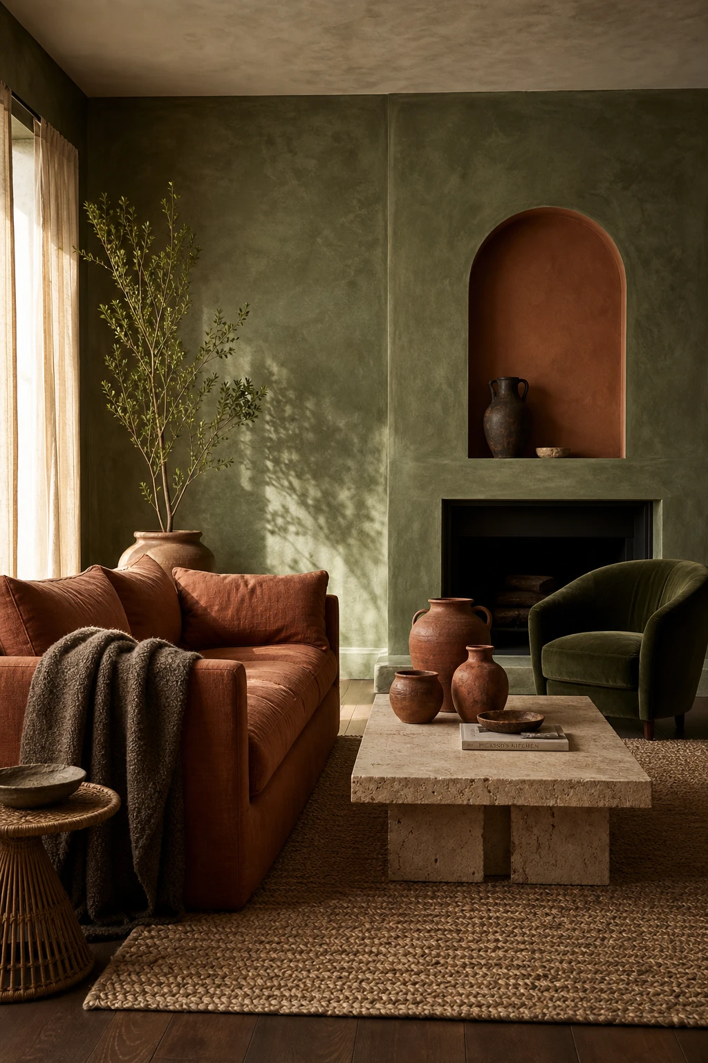 Dark green and terracotta living room with texture layering across linen sofa, woven rug, ceramic vessels and limewashed walls painted Farrow & Ball Green Stone